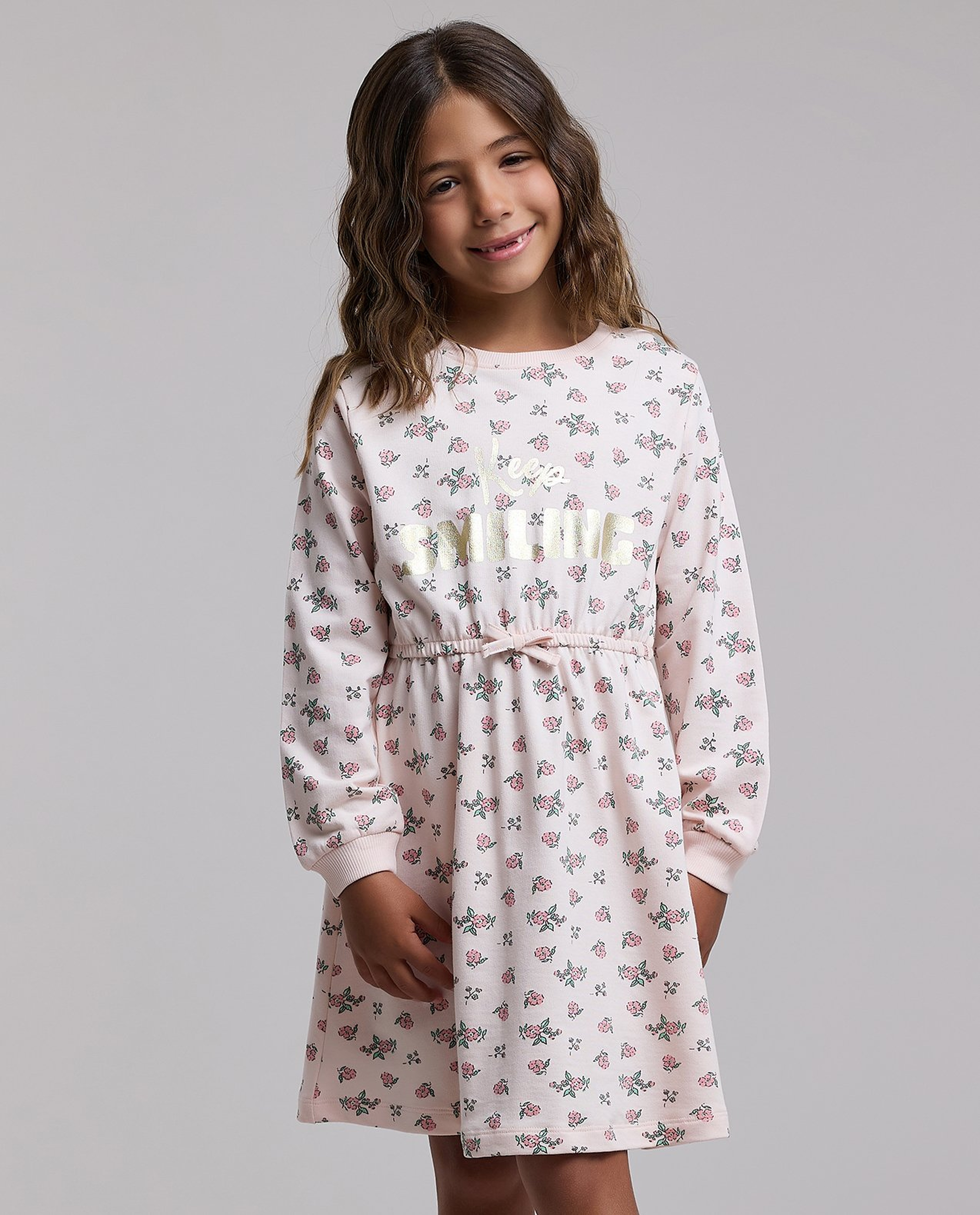 Printed Knit Dress with Crew Neck and Long Sleeves