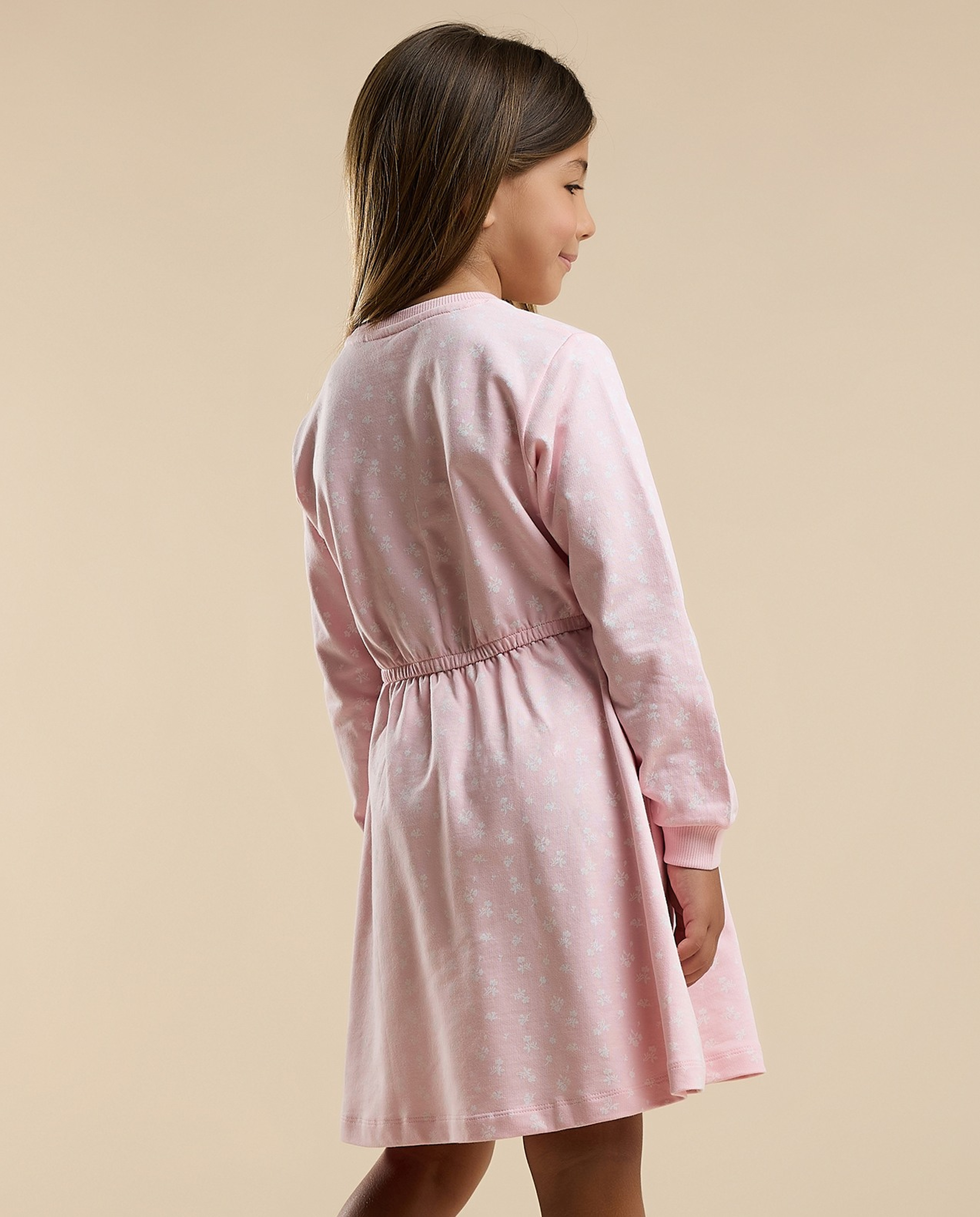 Printed Knit Dress with Crew Neck and Long Sleeves