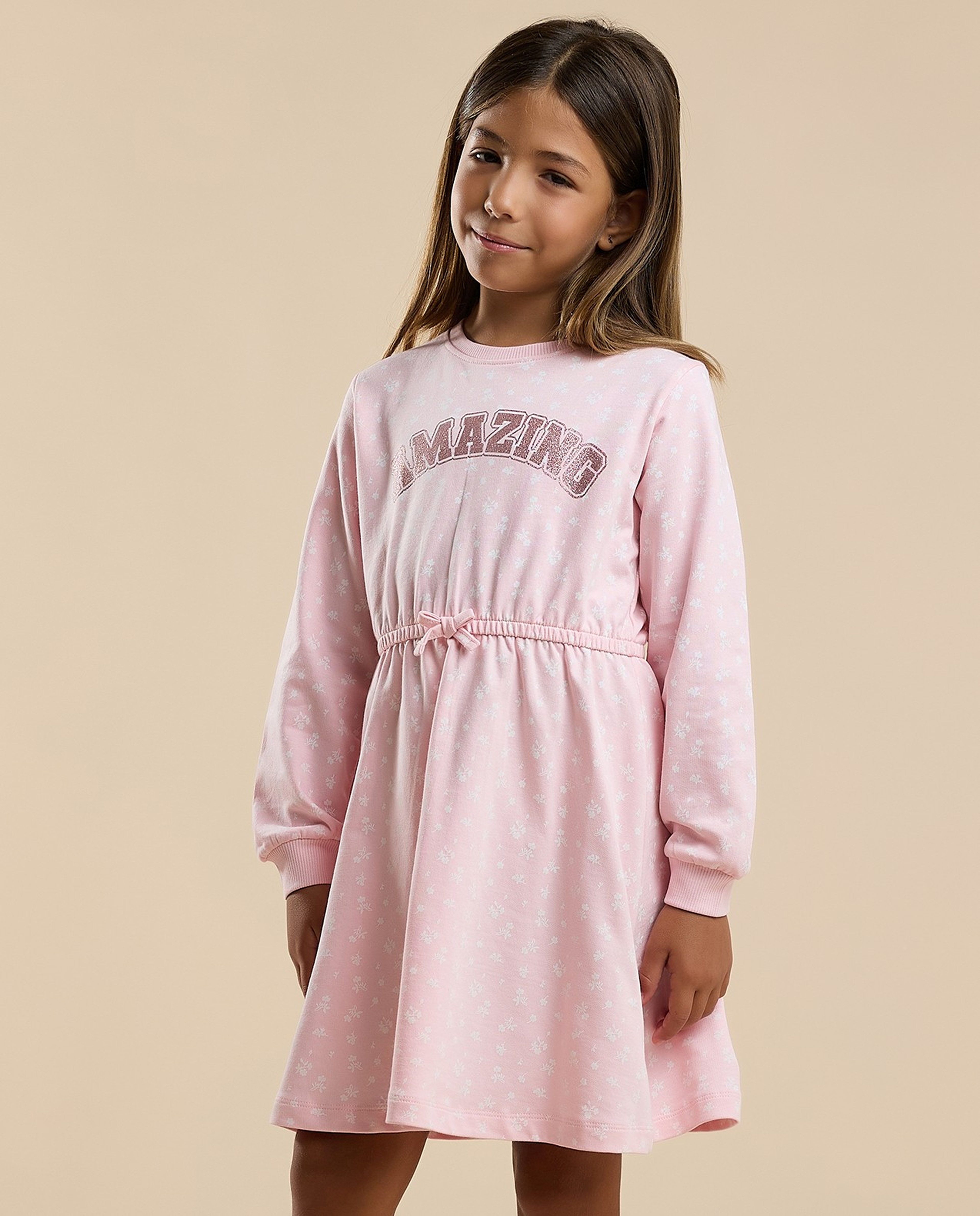 Printed Knit Dress with Crew Neck and Long Sleeves