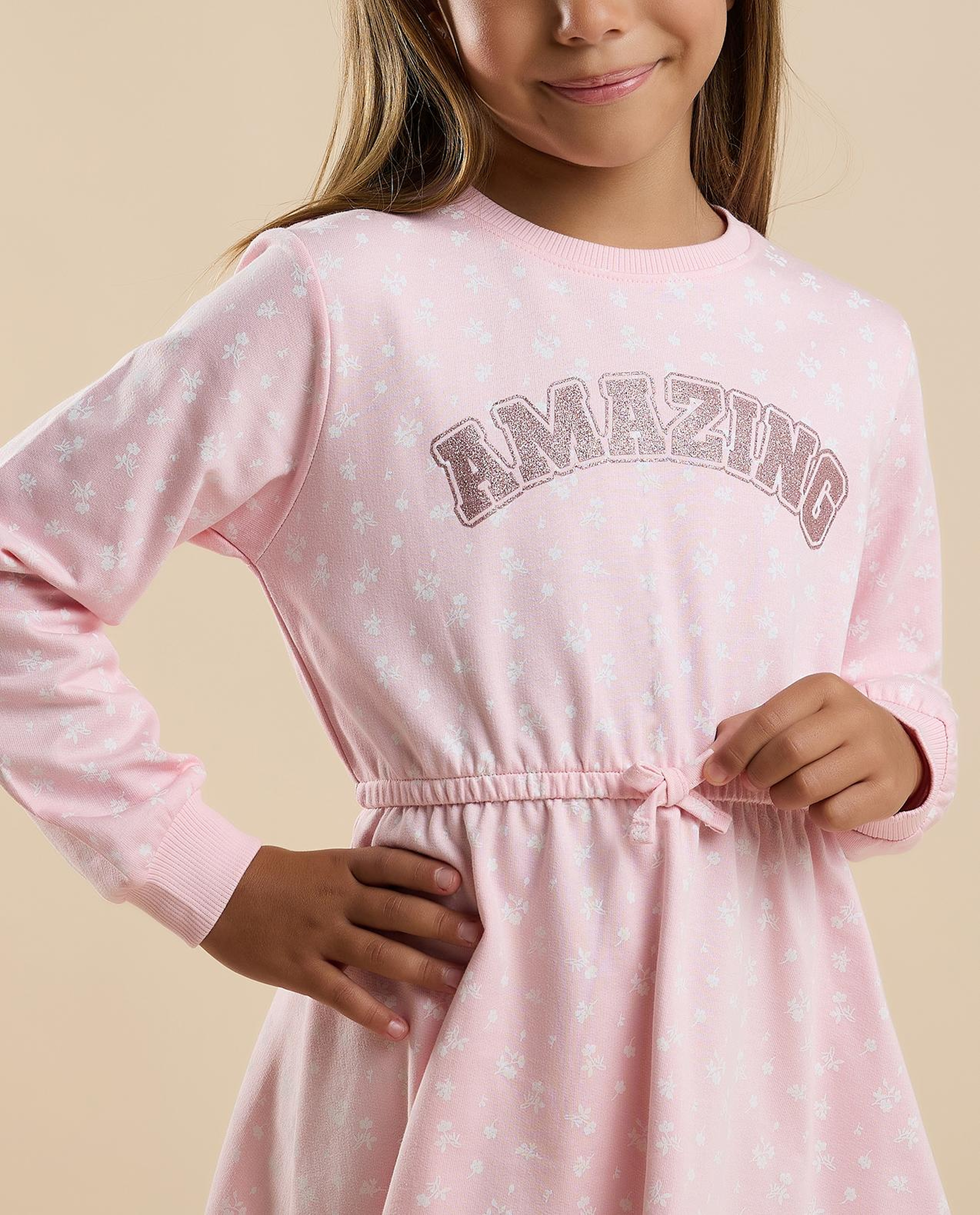 Printed Knit Dress with Crew Neck and Long Sleeves