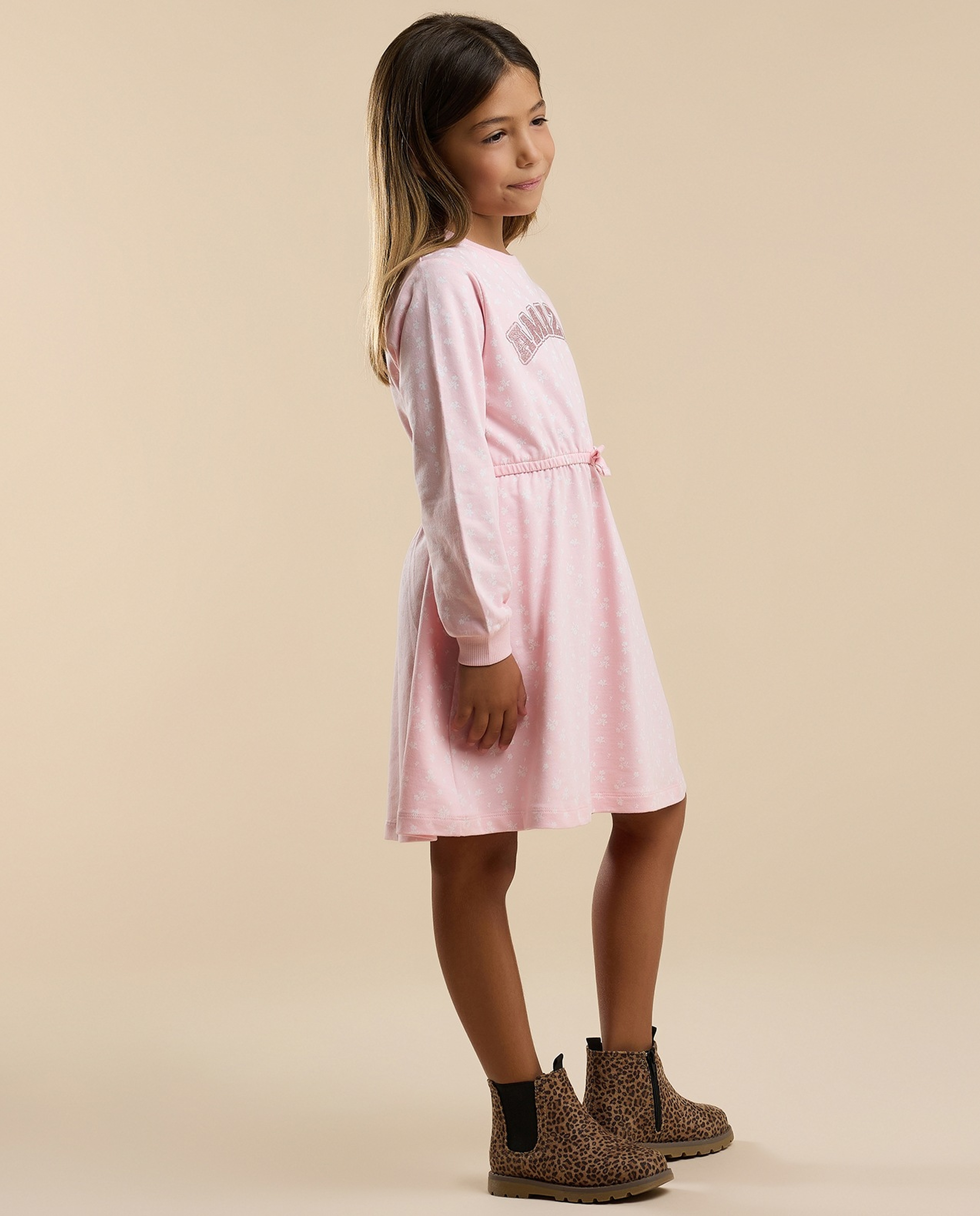 Printed Knit Dress with Crew Neck and Long Sleeves