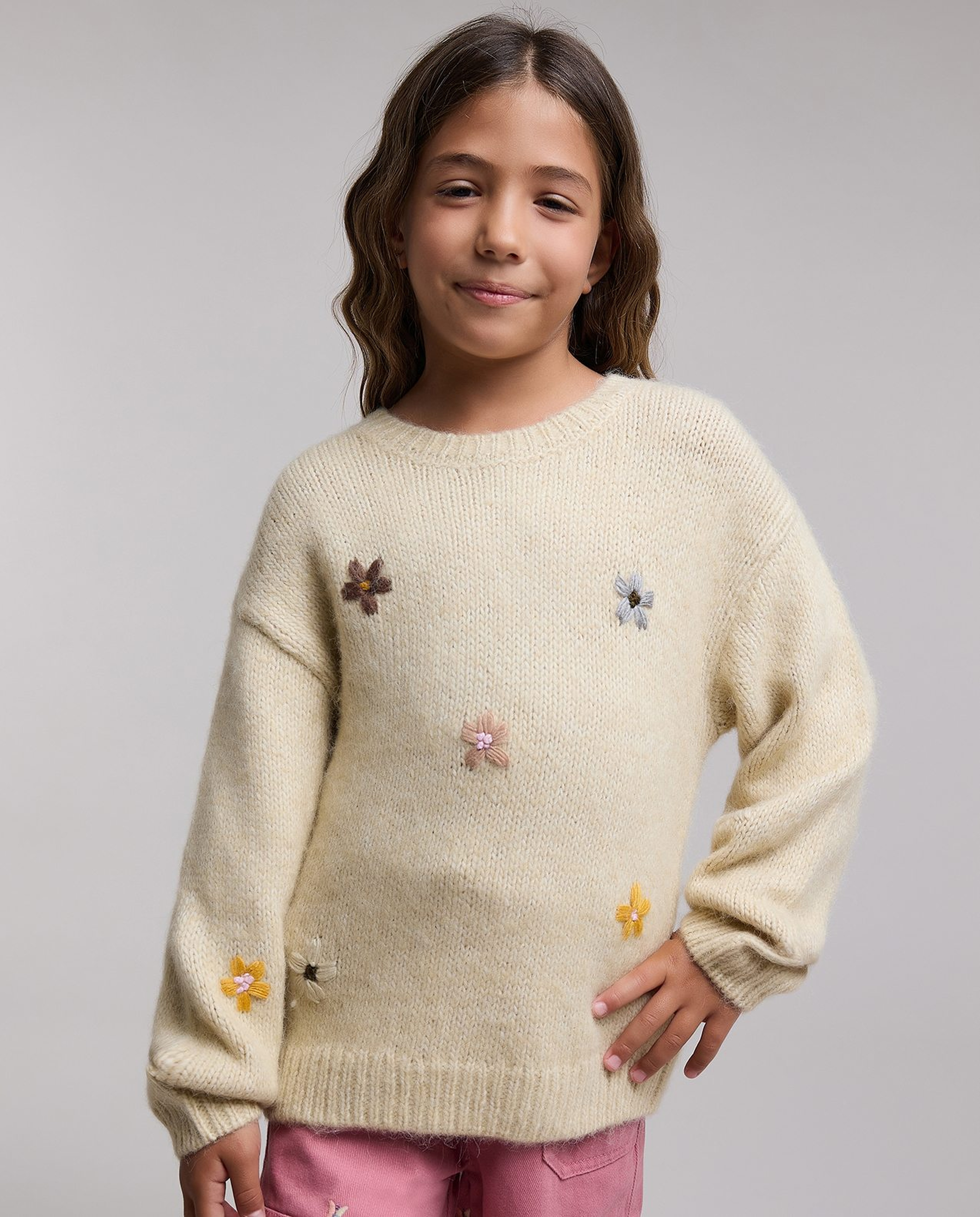 Embroidered Sweater with Crew Neck and Long Sleeves