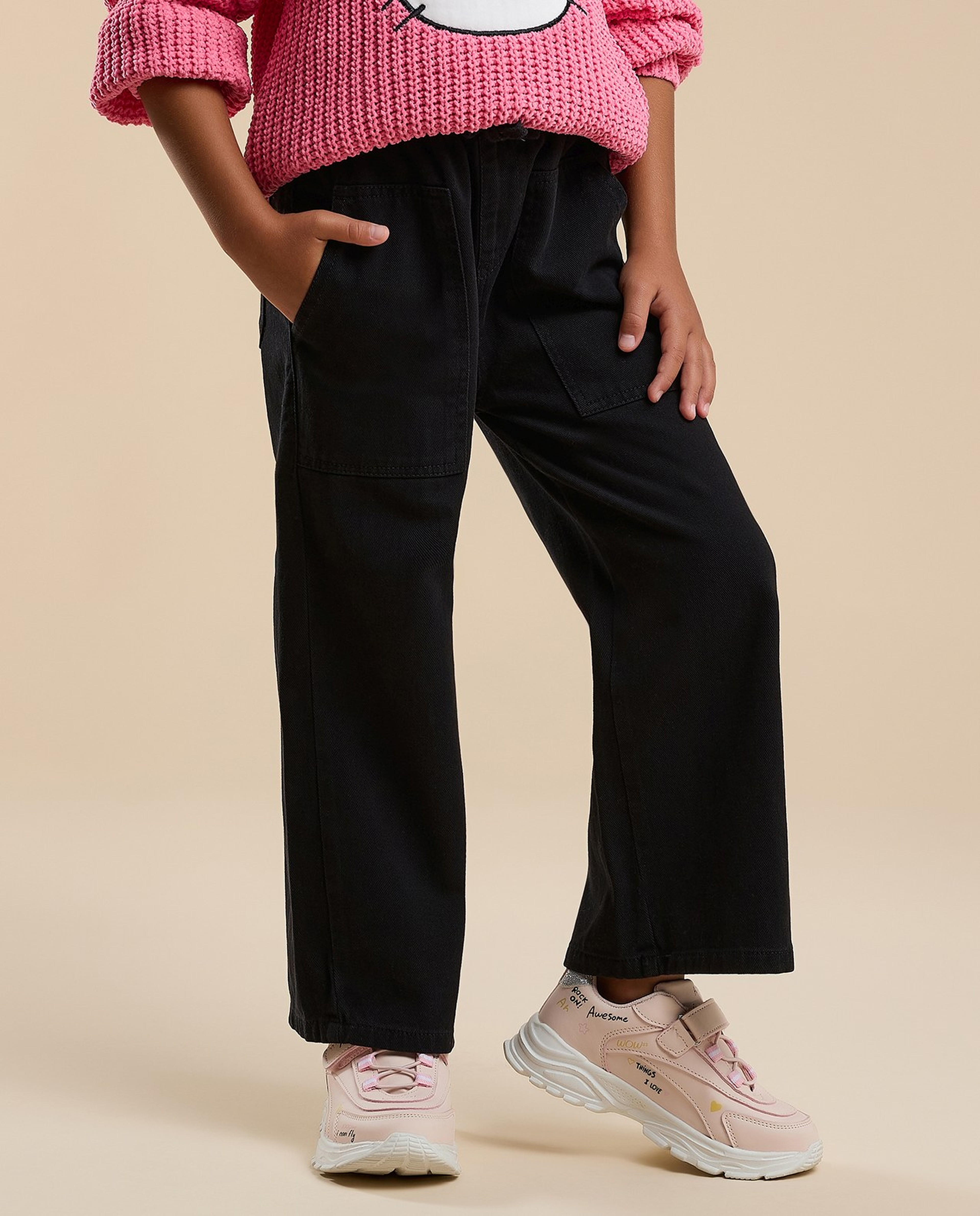 Solid Wide Leg Pants with Button Closure