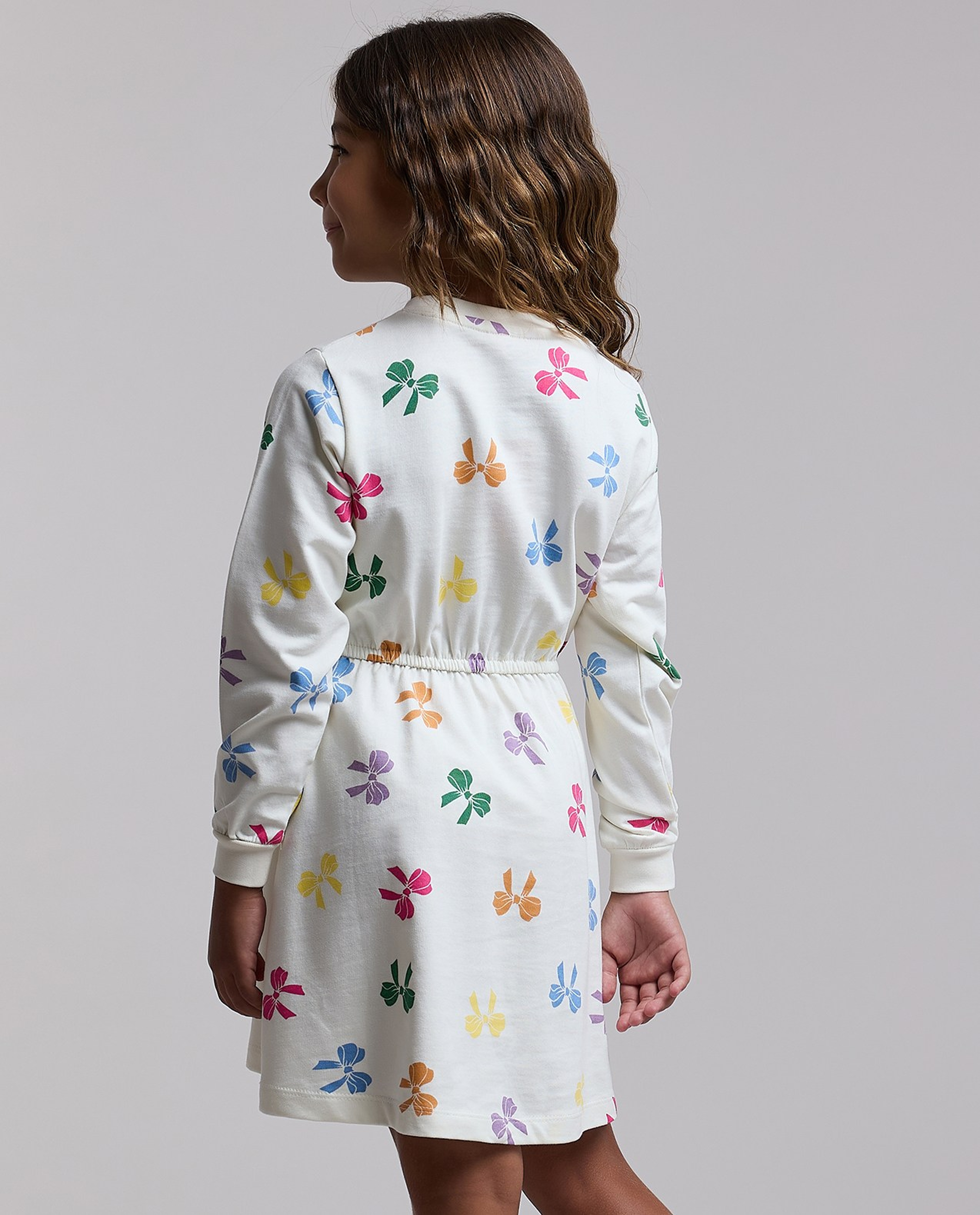 Printed Flared Dress with Crew Neck and Long Sleeves