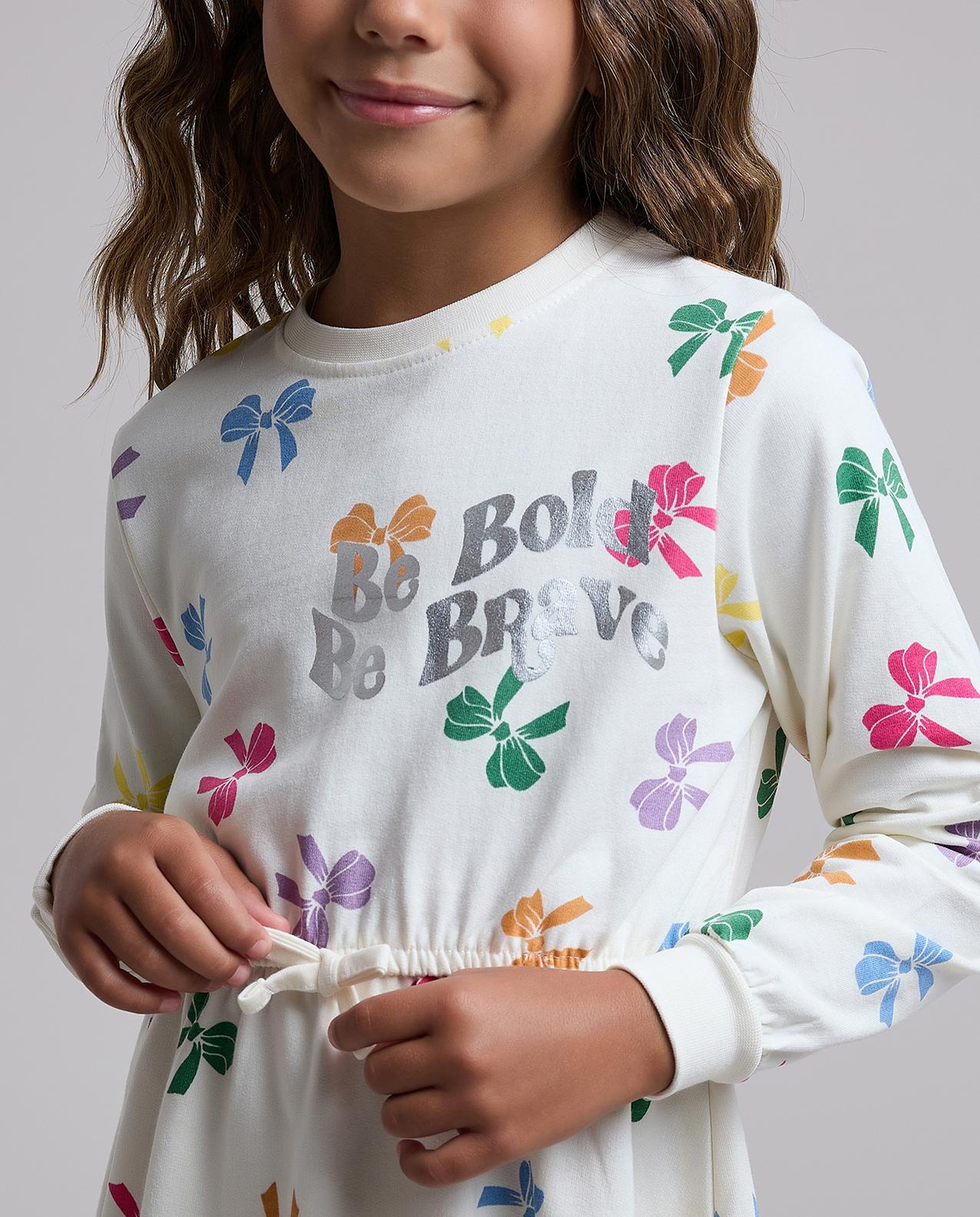 Printed Flared Dress with Crew Neck and Long Sleeves