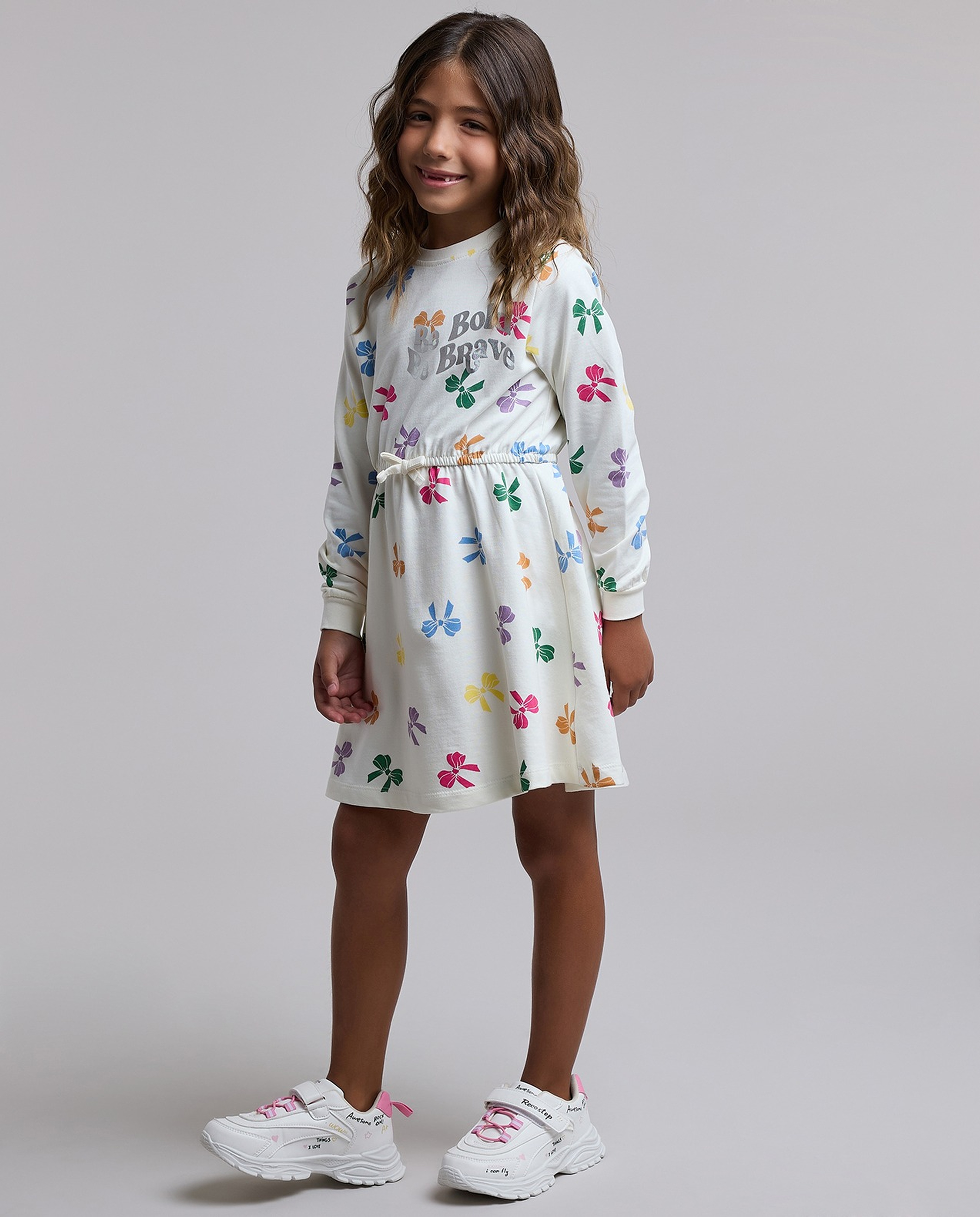 Printed Flared Dress with Crew Neck and Long Sleeves