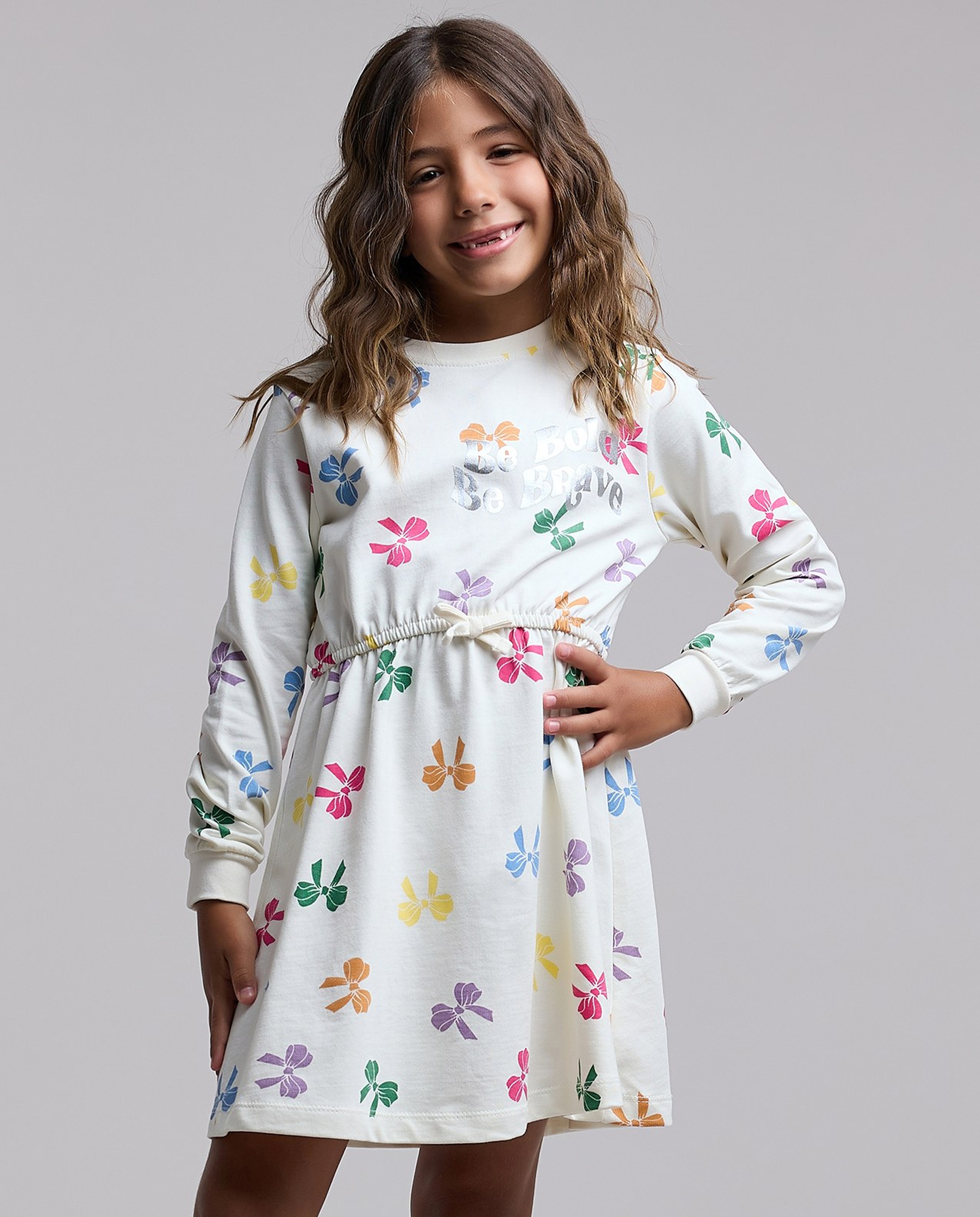 Printed Flared Dress with Crew Neck and Long Sleeves