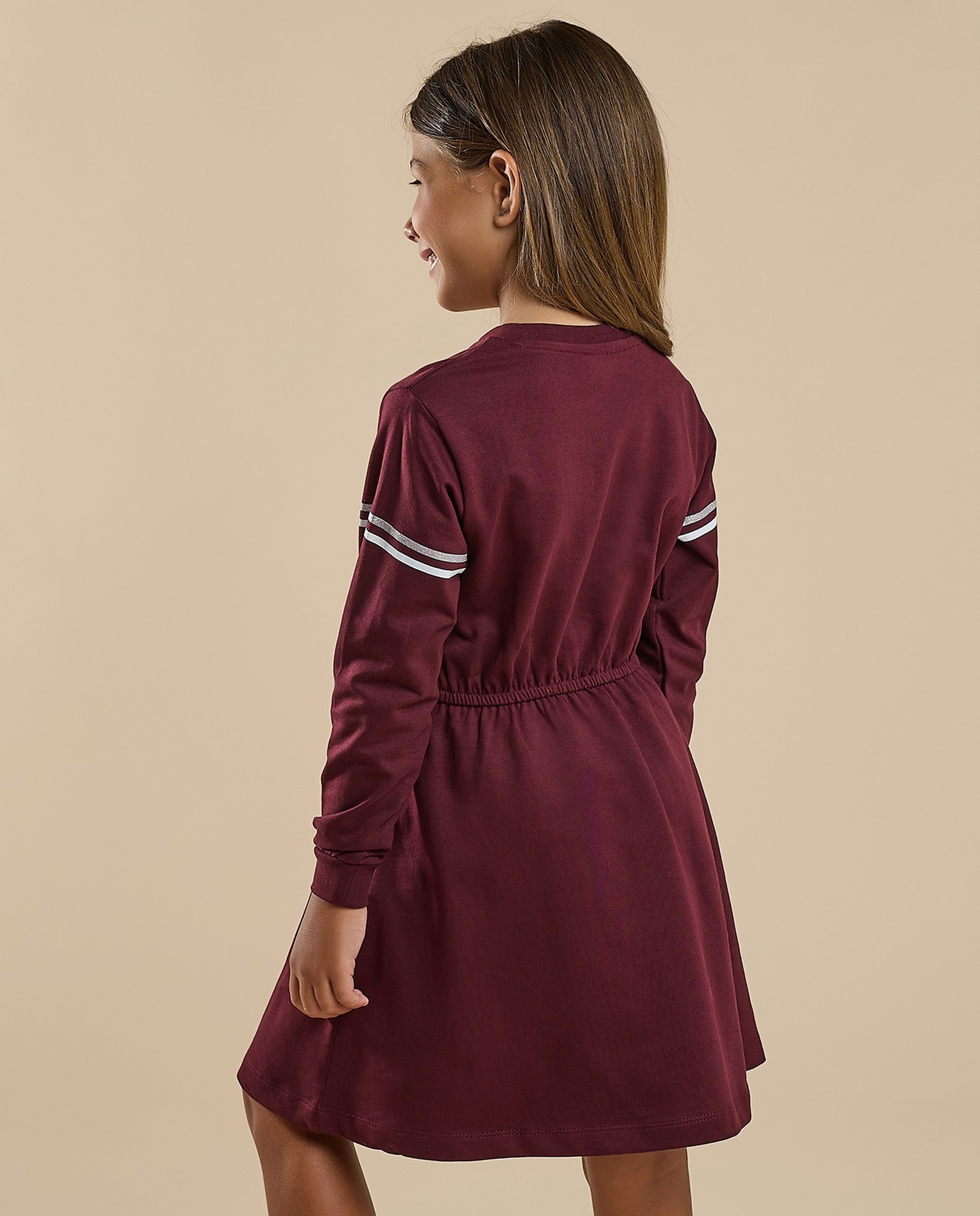 Printed Flared Dress with Crew Neck and Long Sleeves