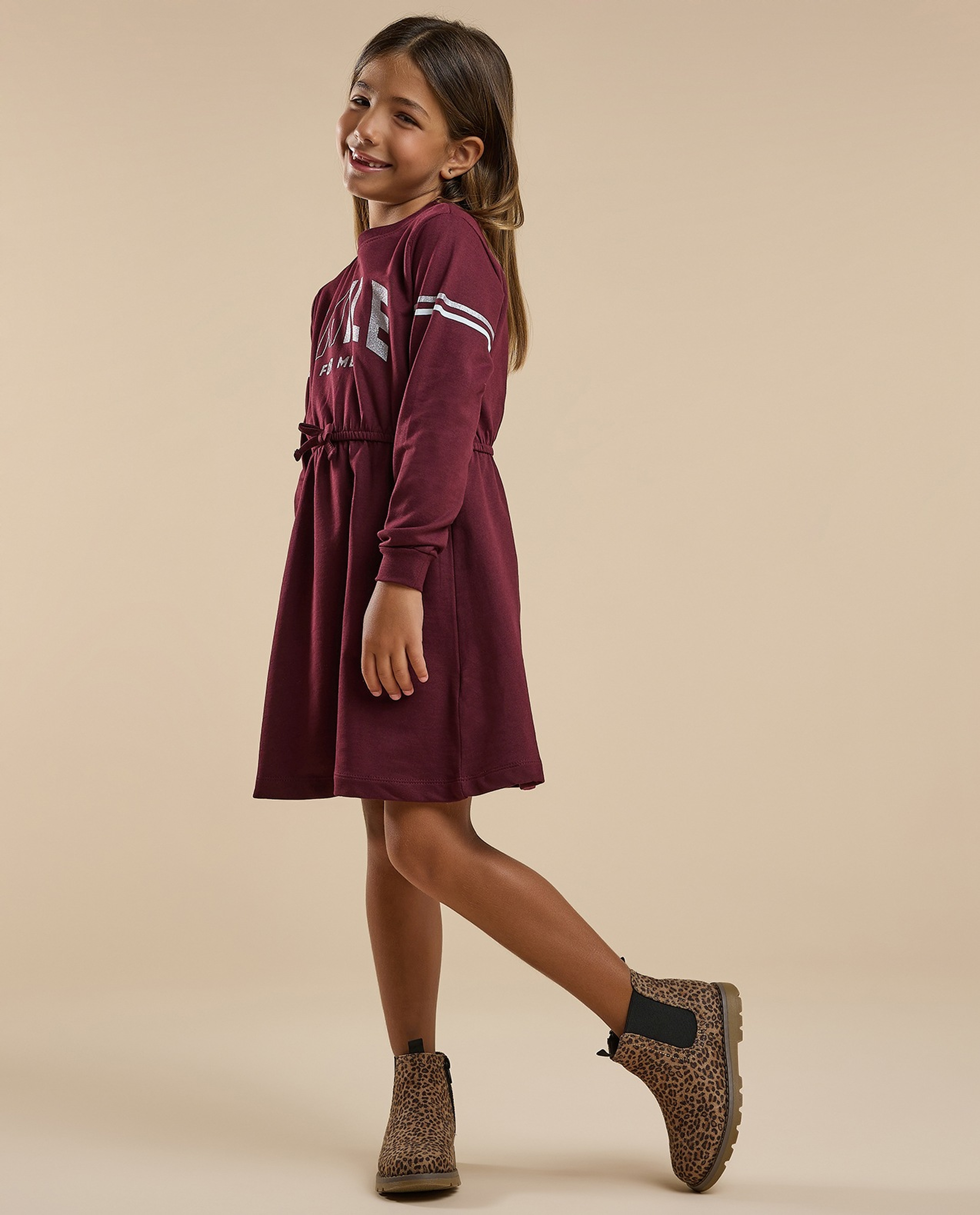 Printed Flared Dress with Crew Neck and Long Sleeves