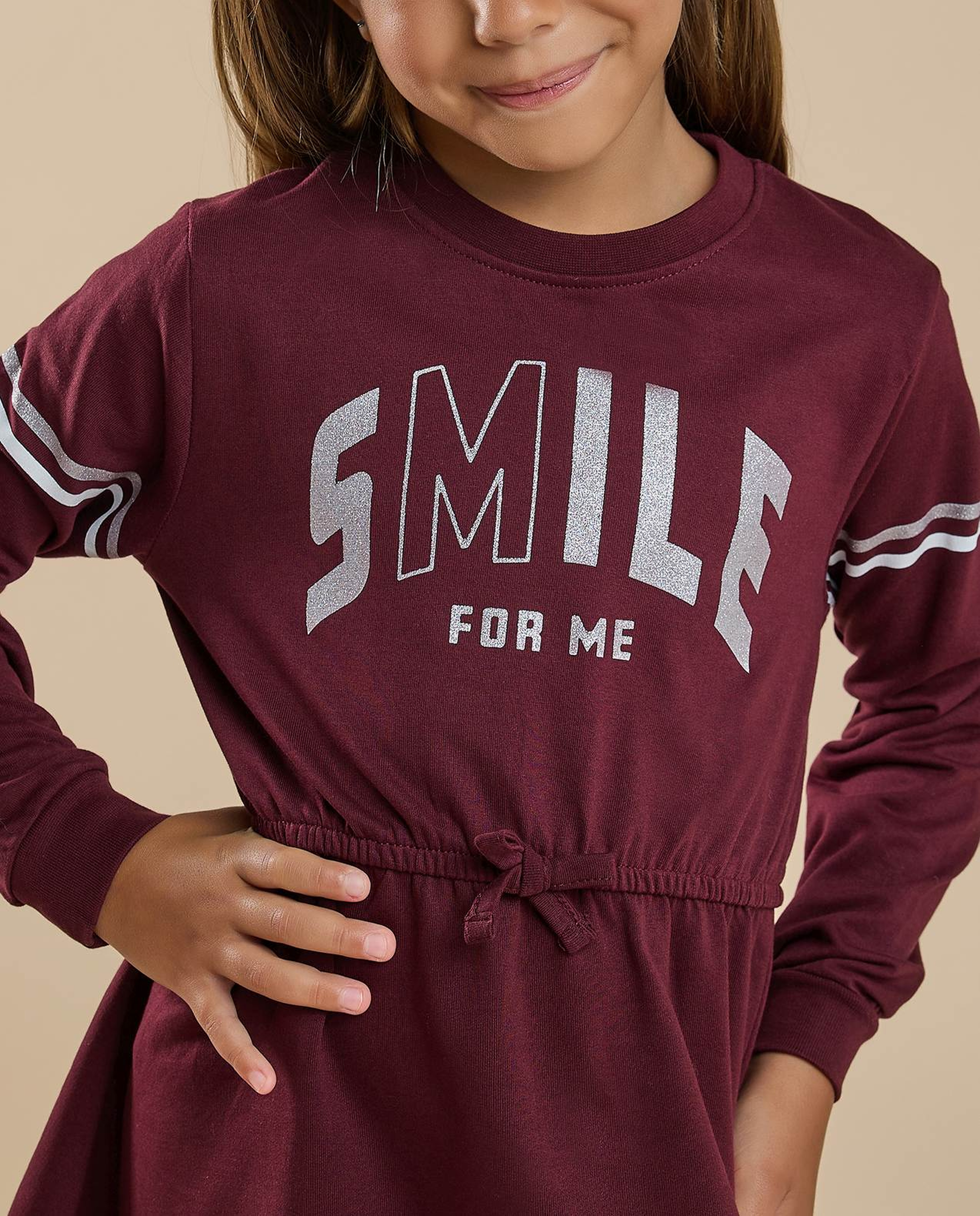 Printed Flared Dress with Crew Neck and Long Sleeves