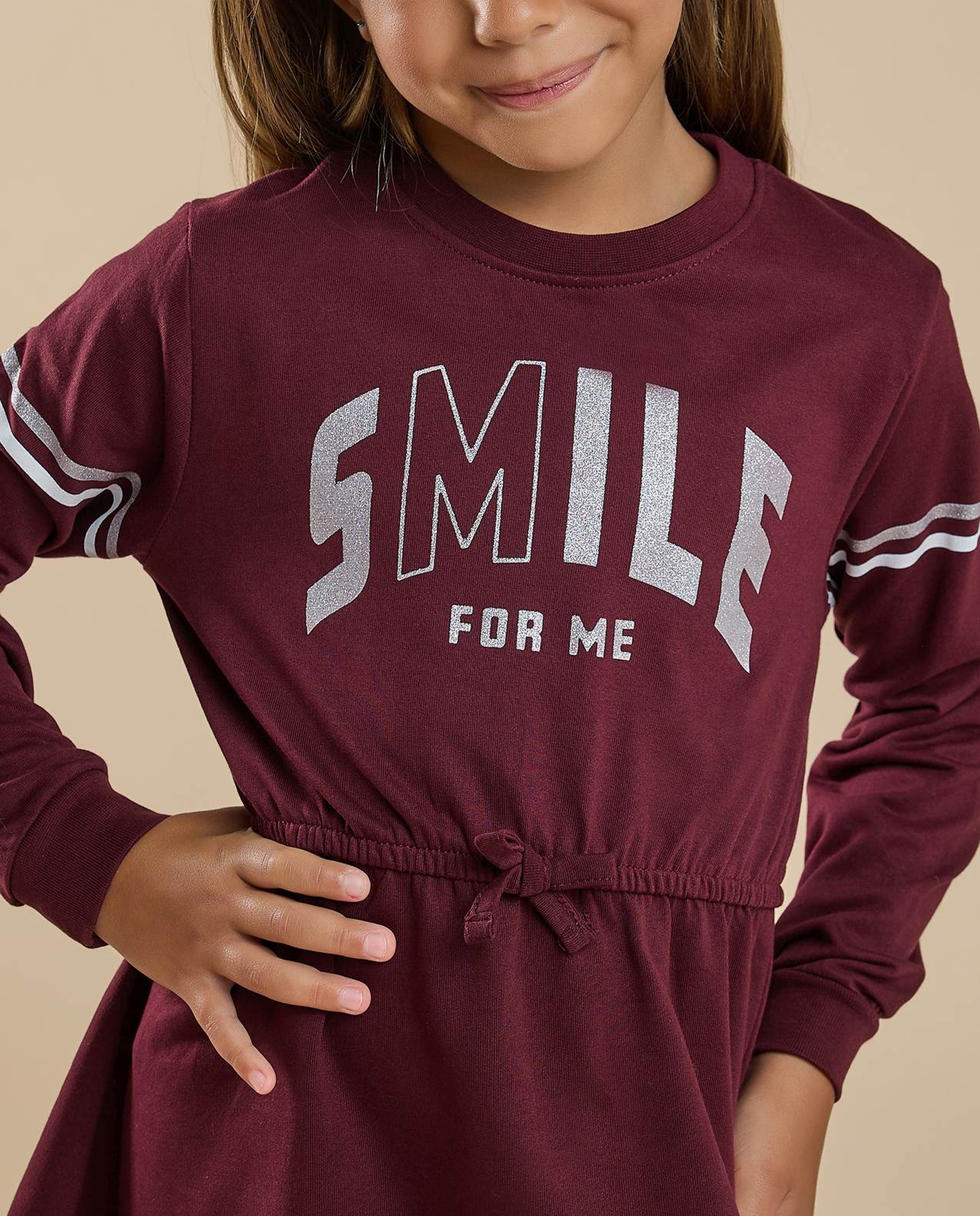 Printed Flared Dress with Crew Neck and Long Sleeves