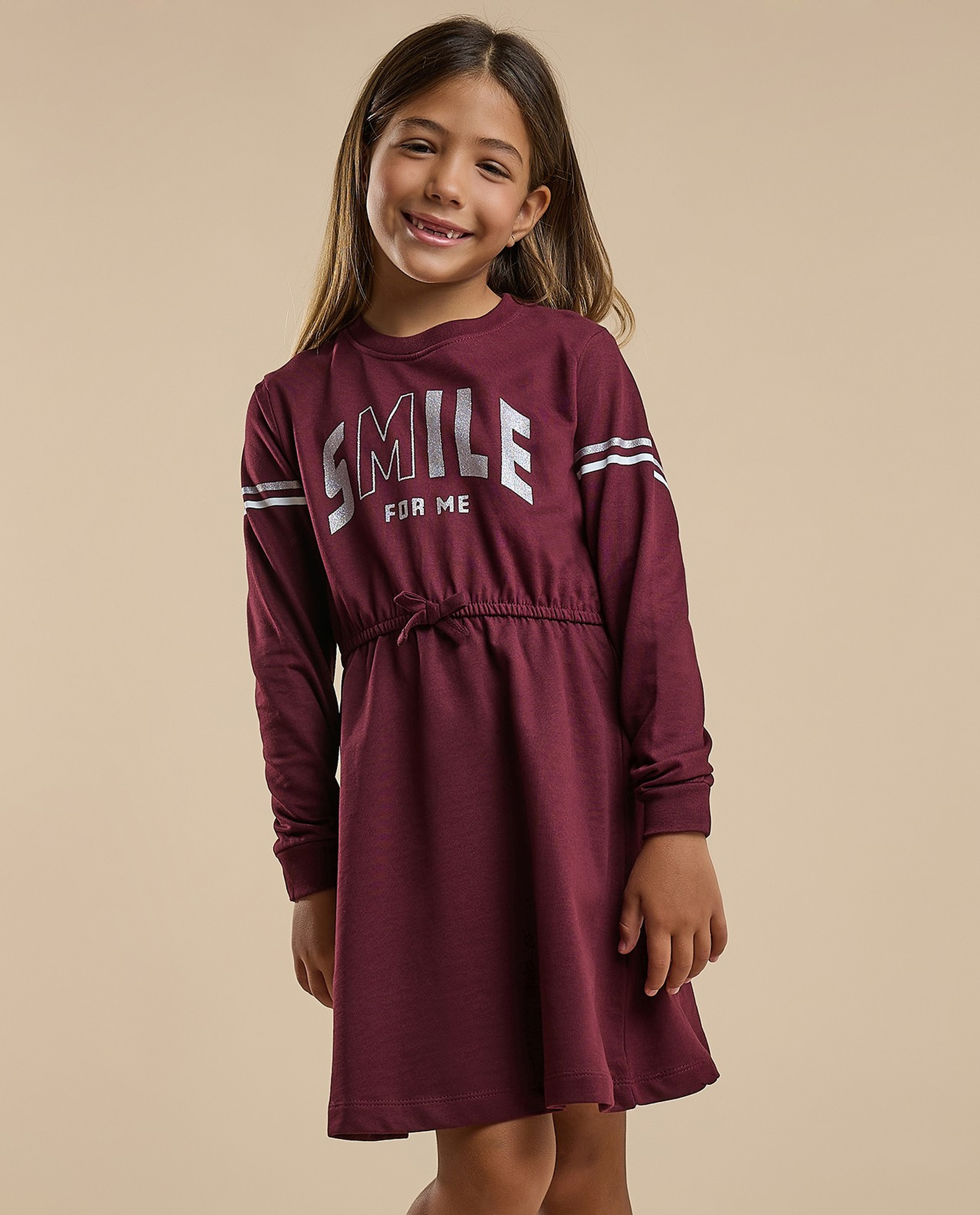 Printed Flared Dress with Crew Neck and Long Sleeves