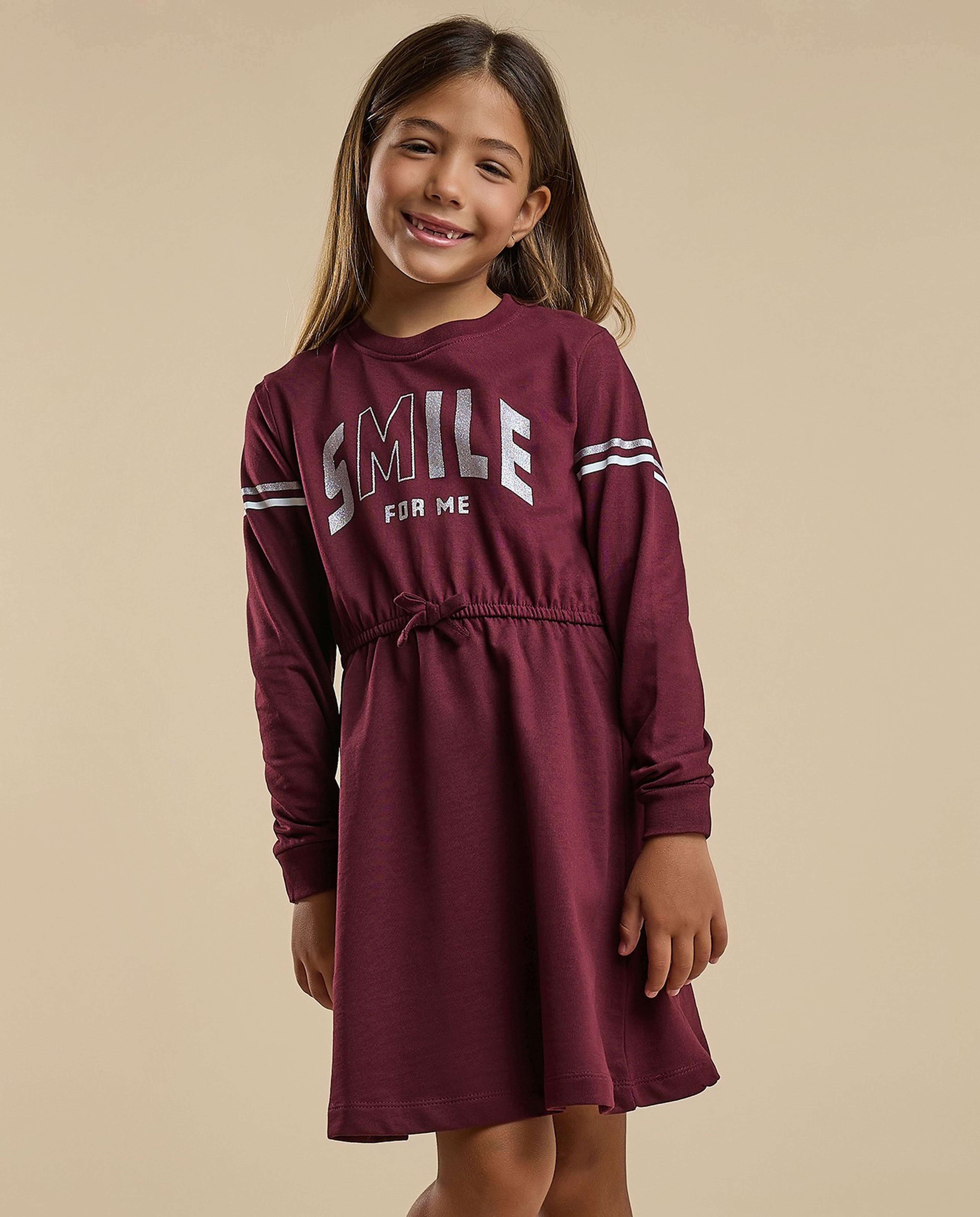 Printed Flared Dress with Crew Neck and Long Sleeves