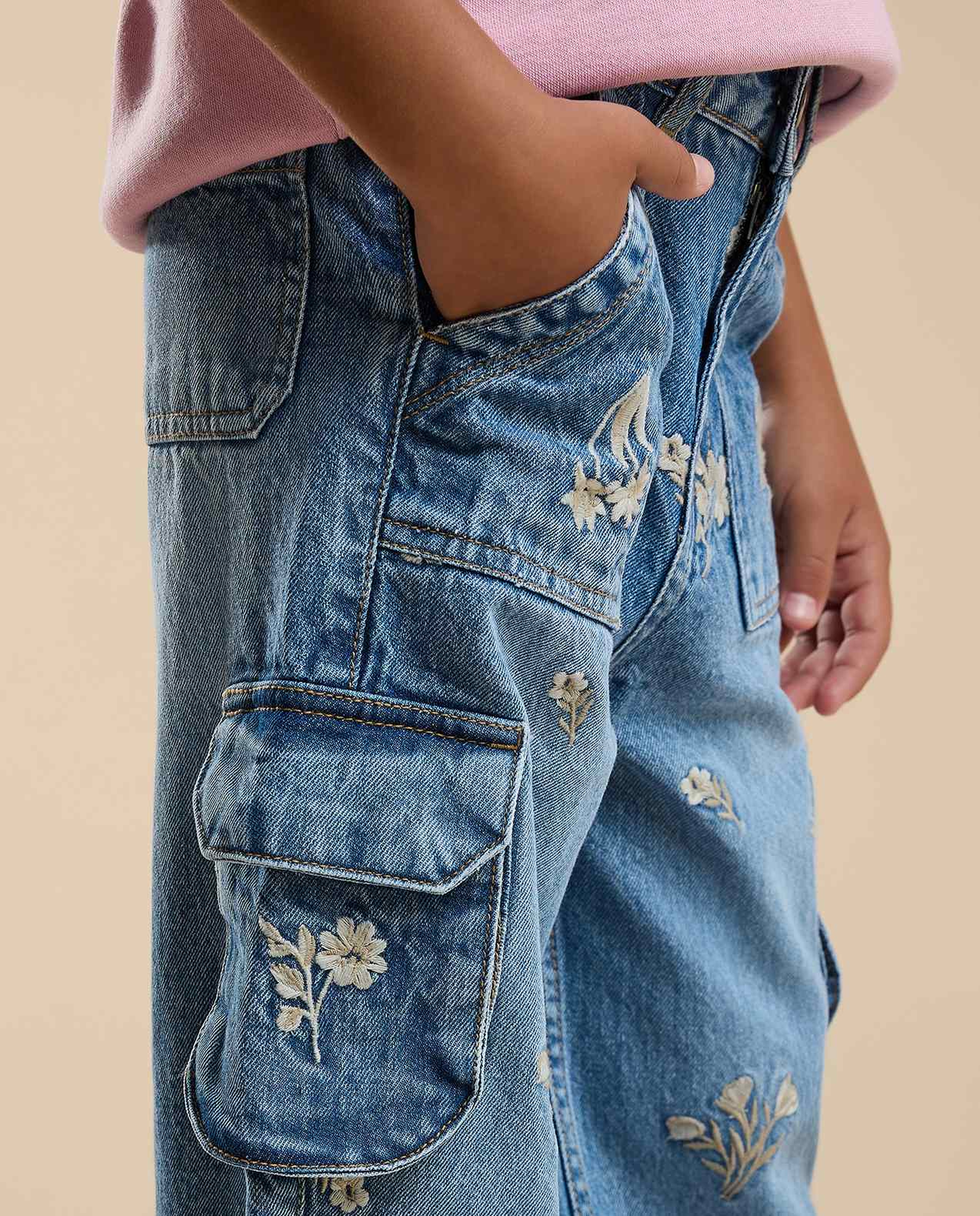 Embroidered Cargo Jeans with Button Closure