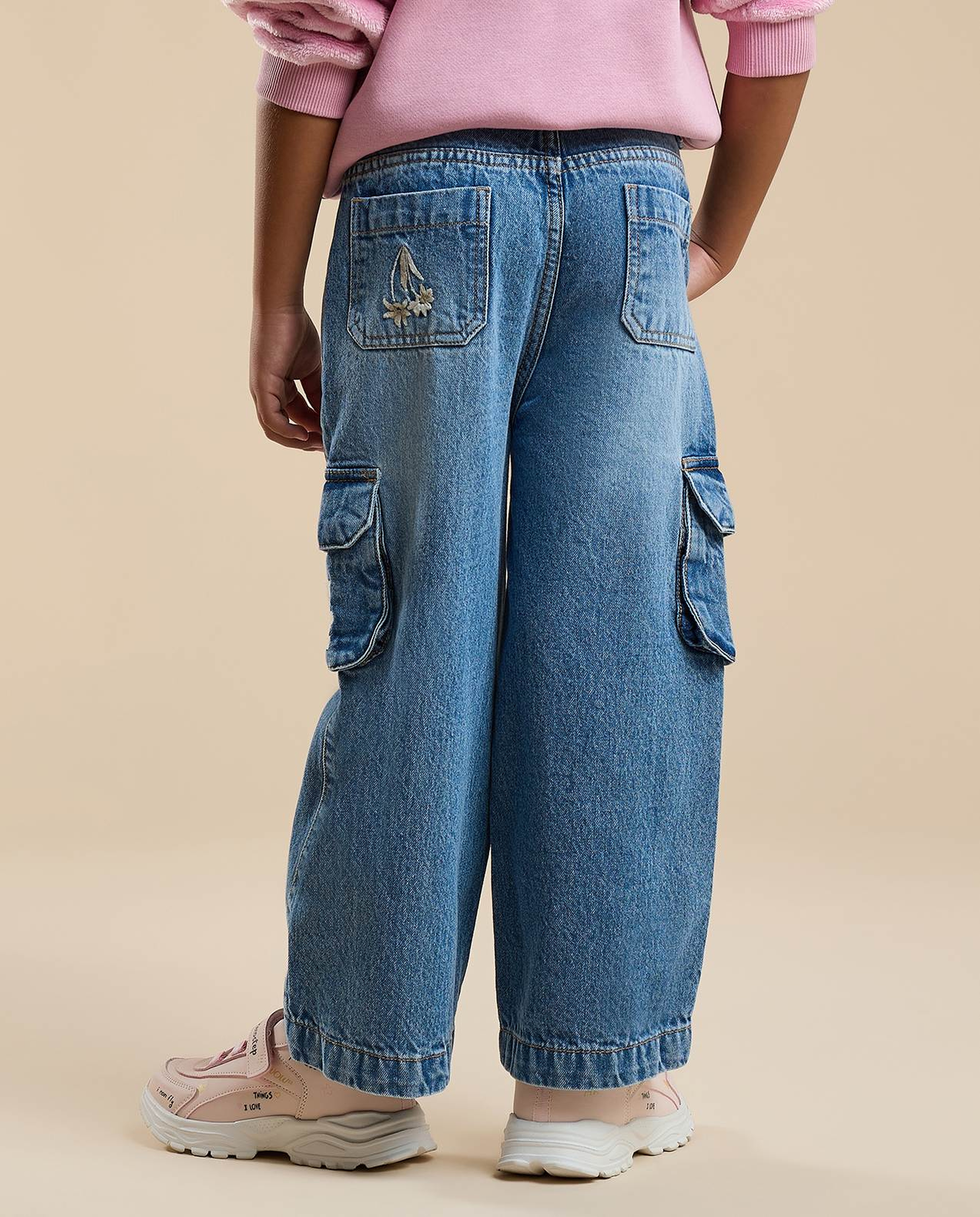 Embroidered Cargo Jeans with Button Closure