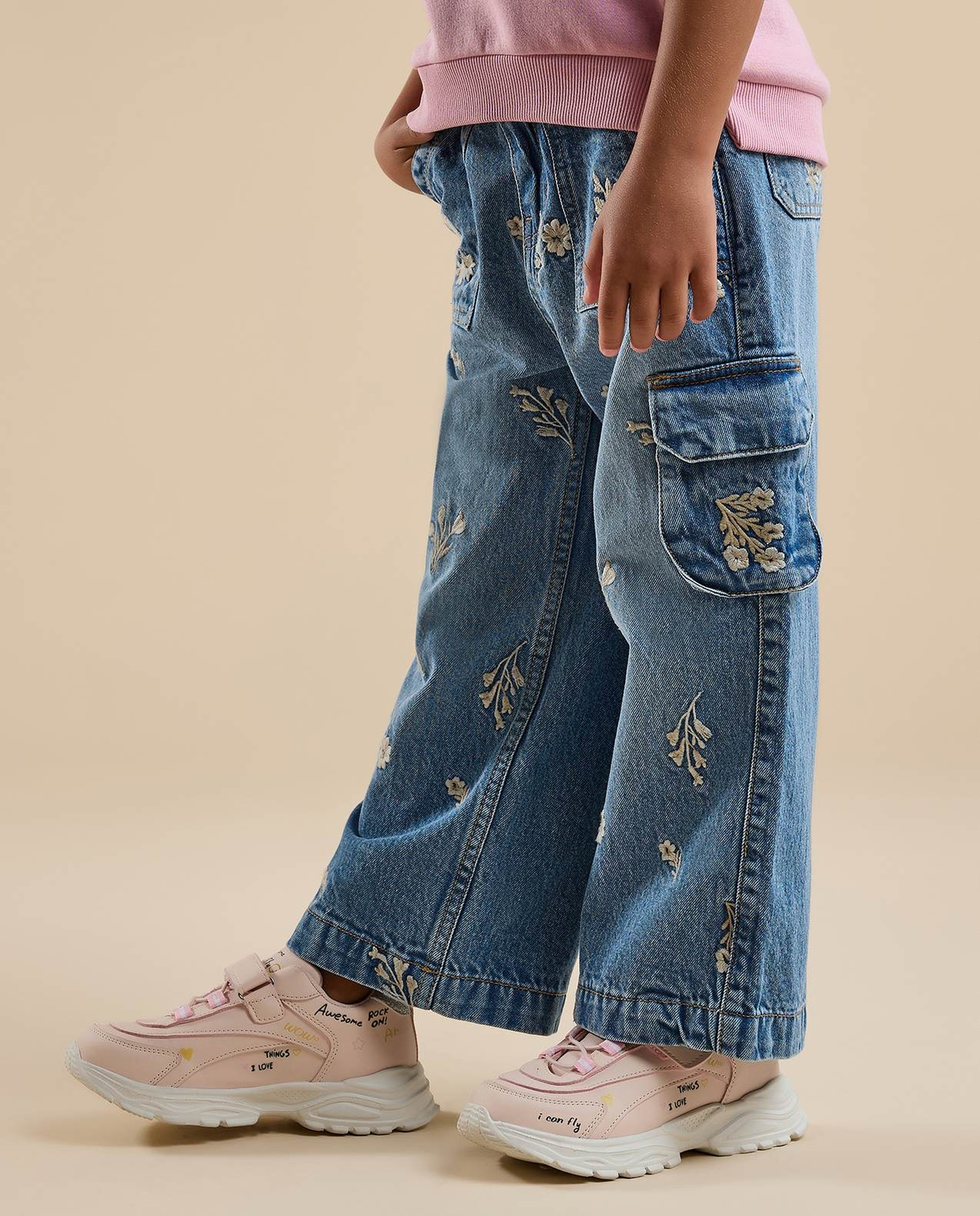 Embroidered Cargo Jeans with Button Closure