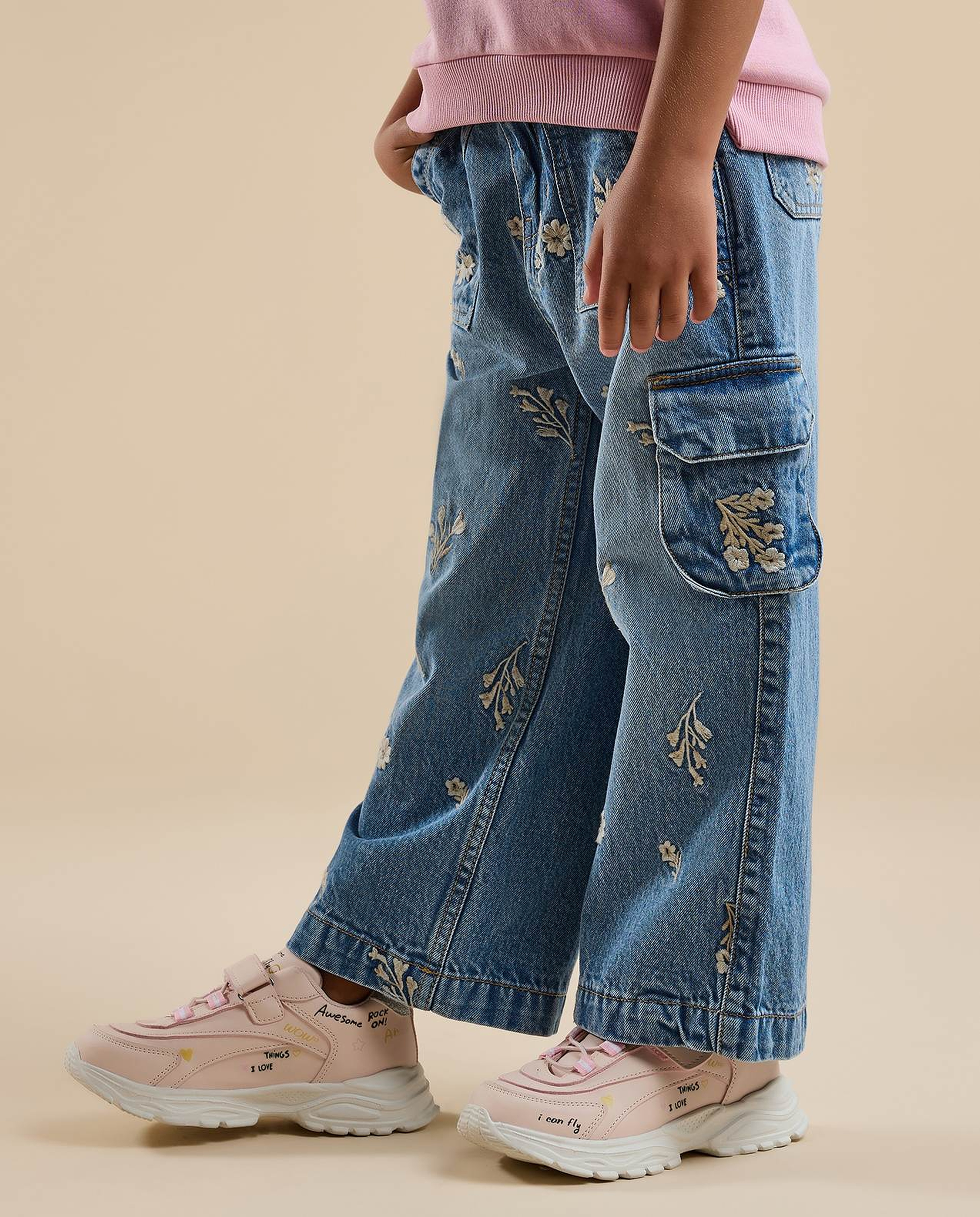 Embroidered Cargo Jeans with Button Closure