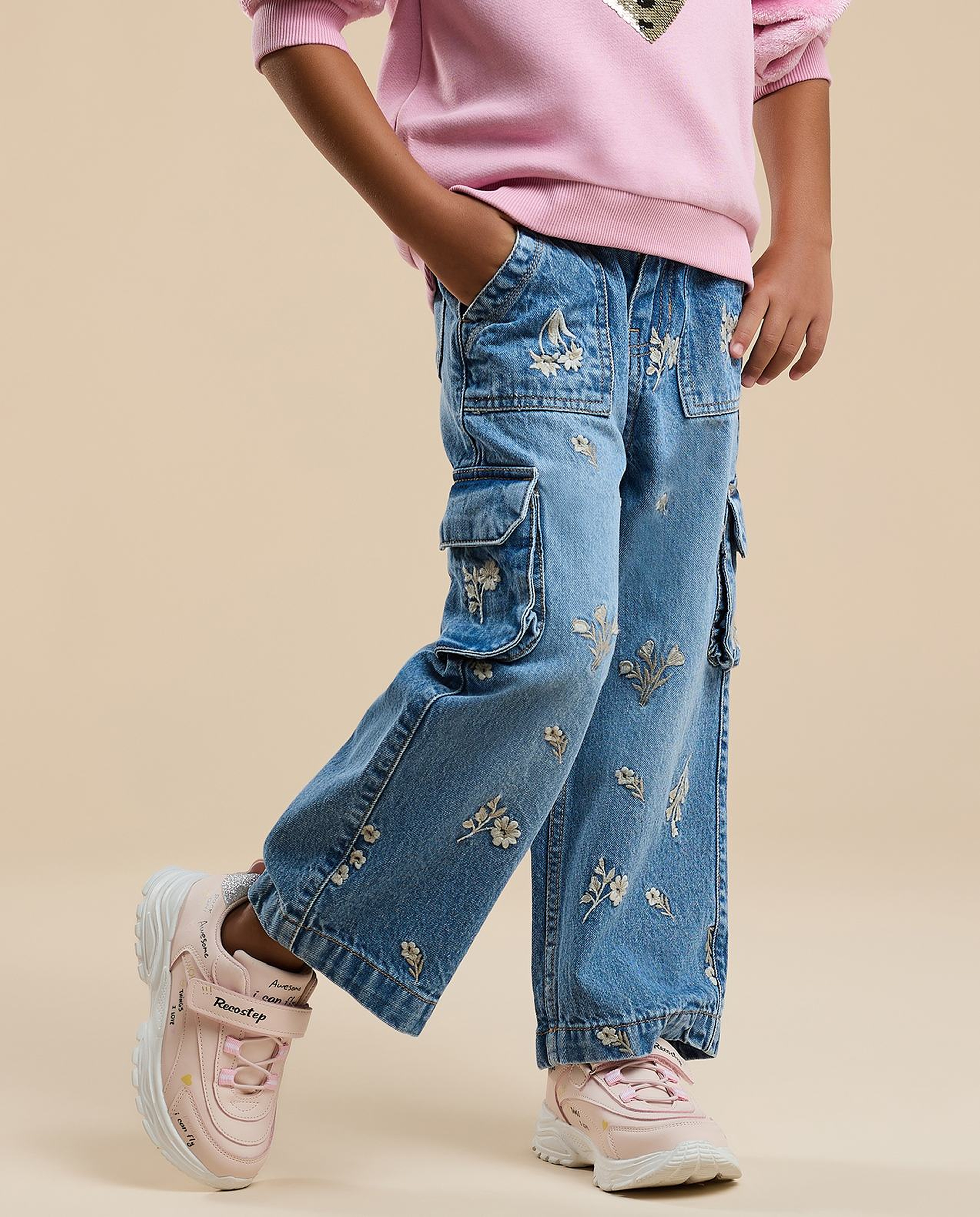 Embroidered Cargo Jeans with Button Closure