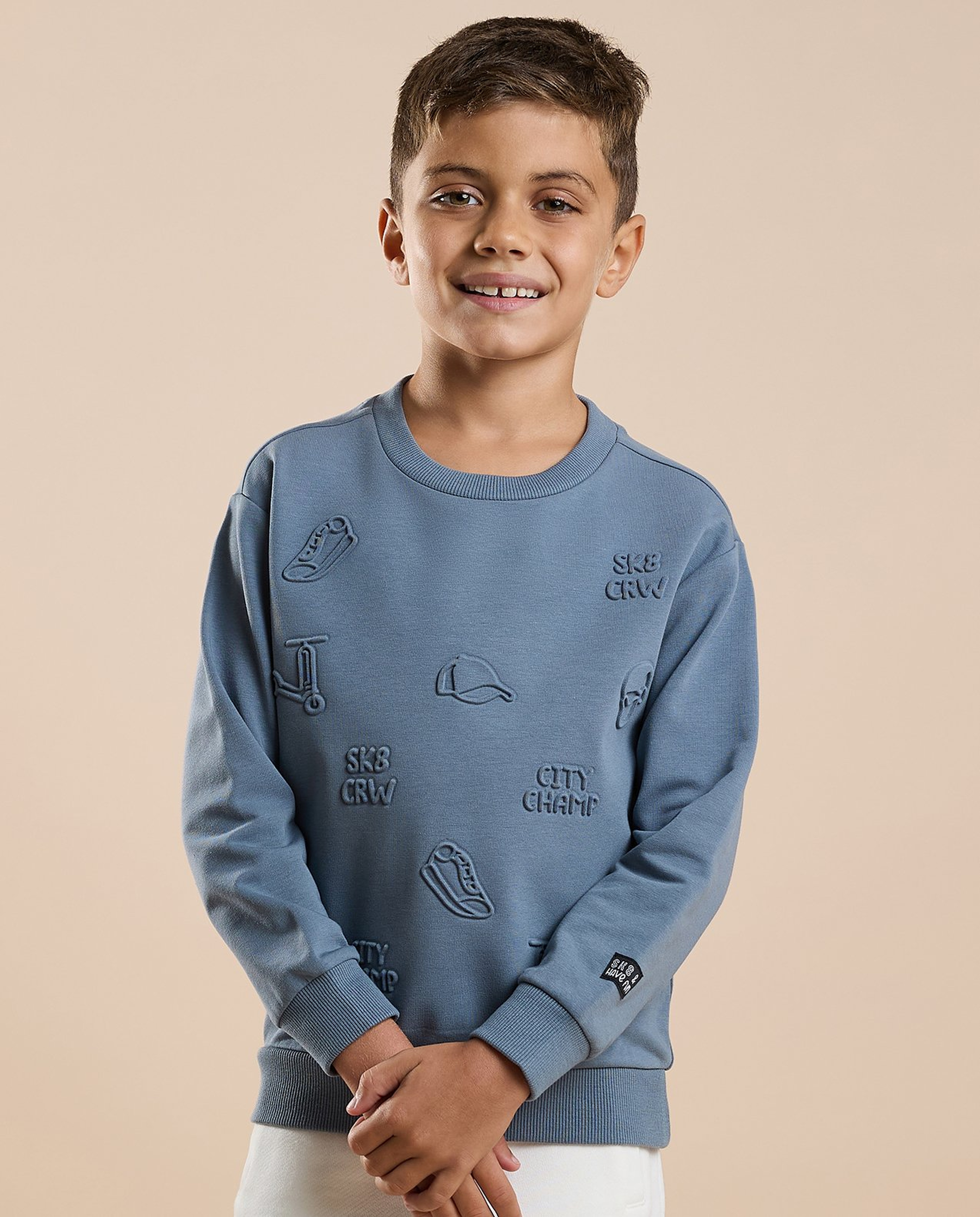 Embossed Sweatshirt with Crew Neck and Long Sleeves