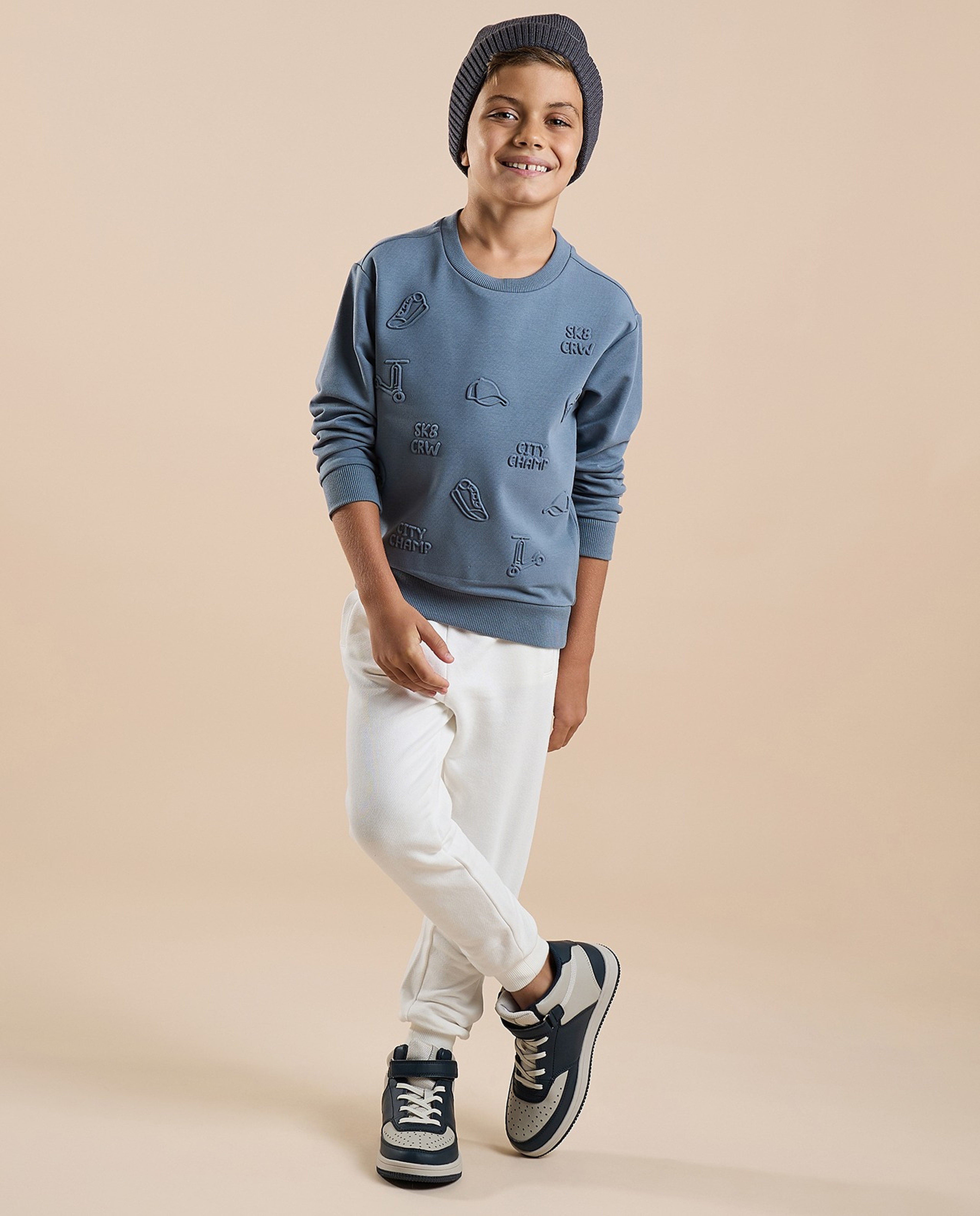 Embossed Sweatshirt with Crew Neck and Long Sleeves