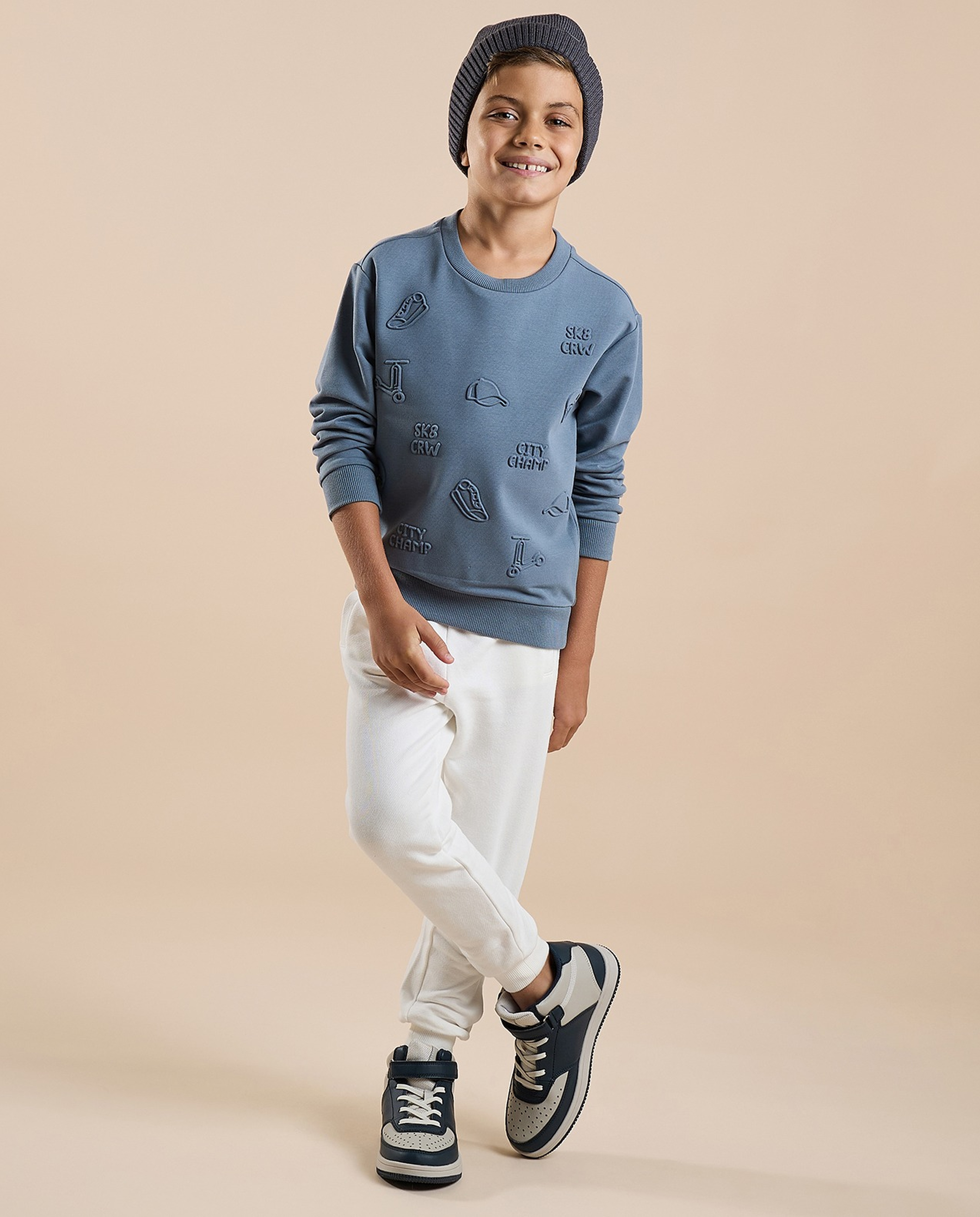 Embossed Sweatshirt with Crew Neck and Long Sleeves