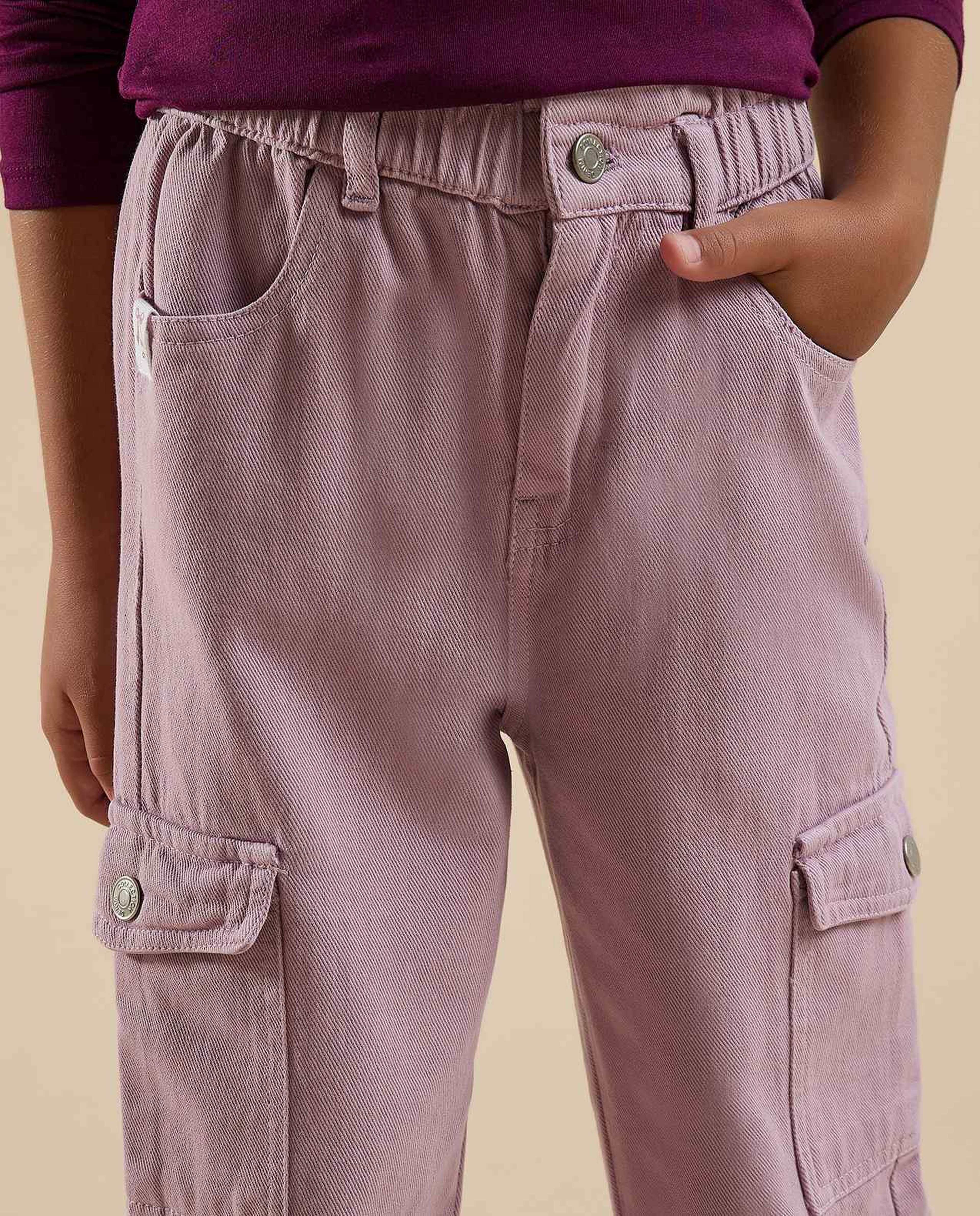 Solid Cargo Pants with Button Closure