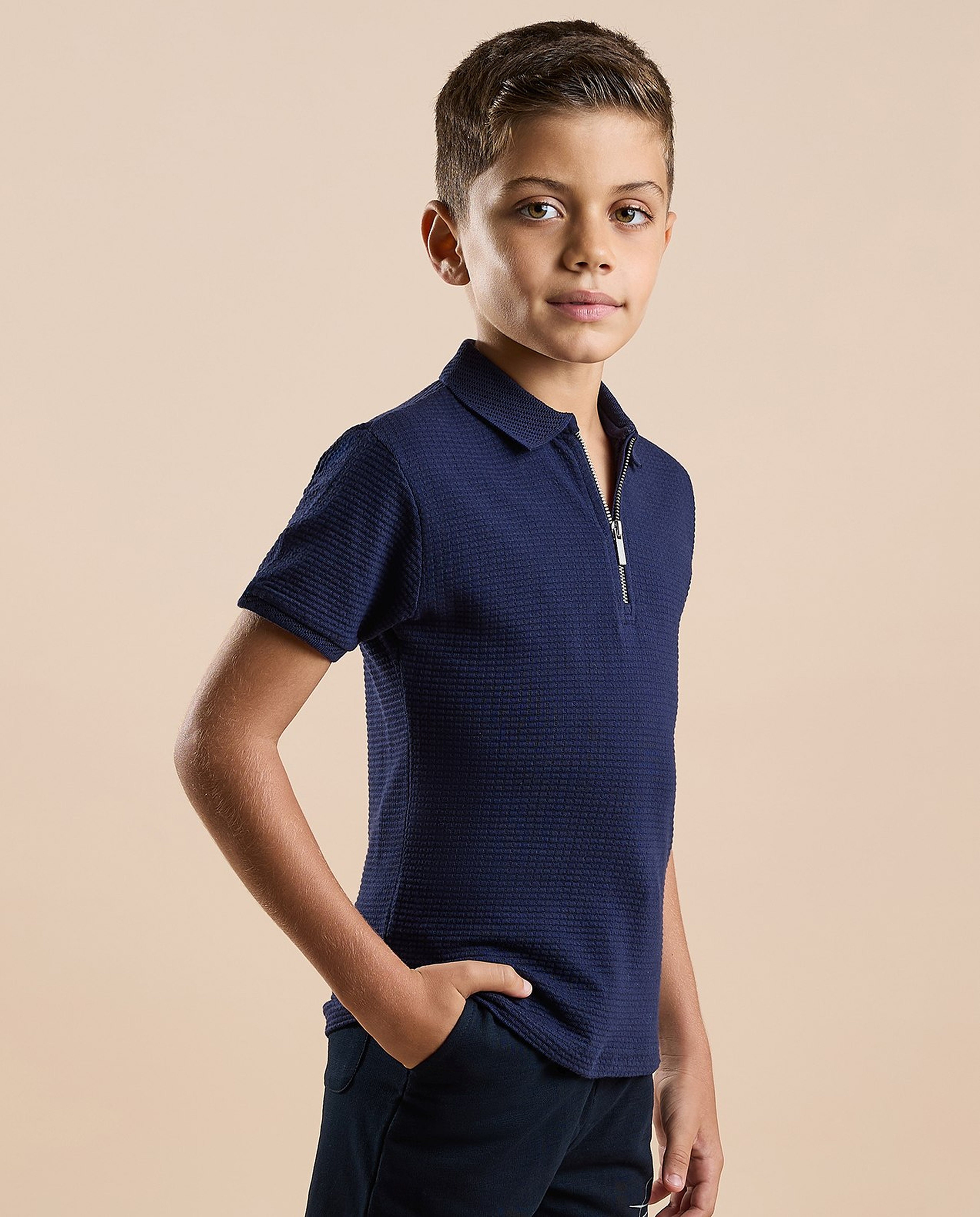 Textured Polo T-Shirt with Short Sleeves