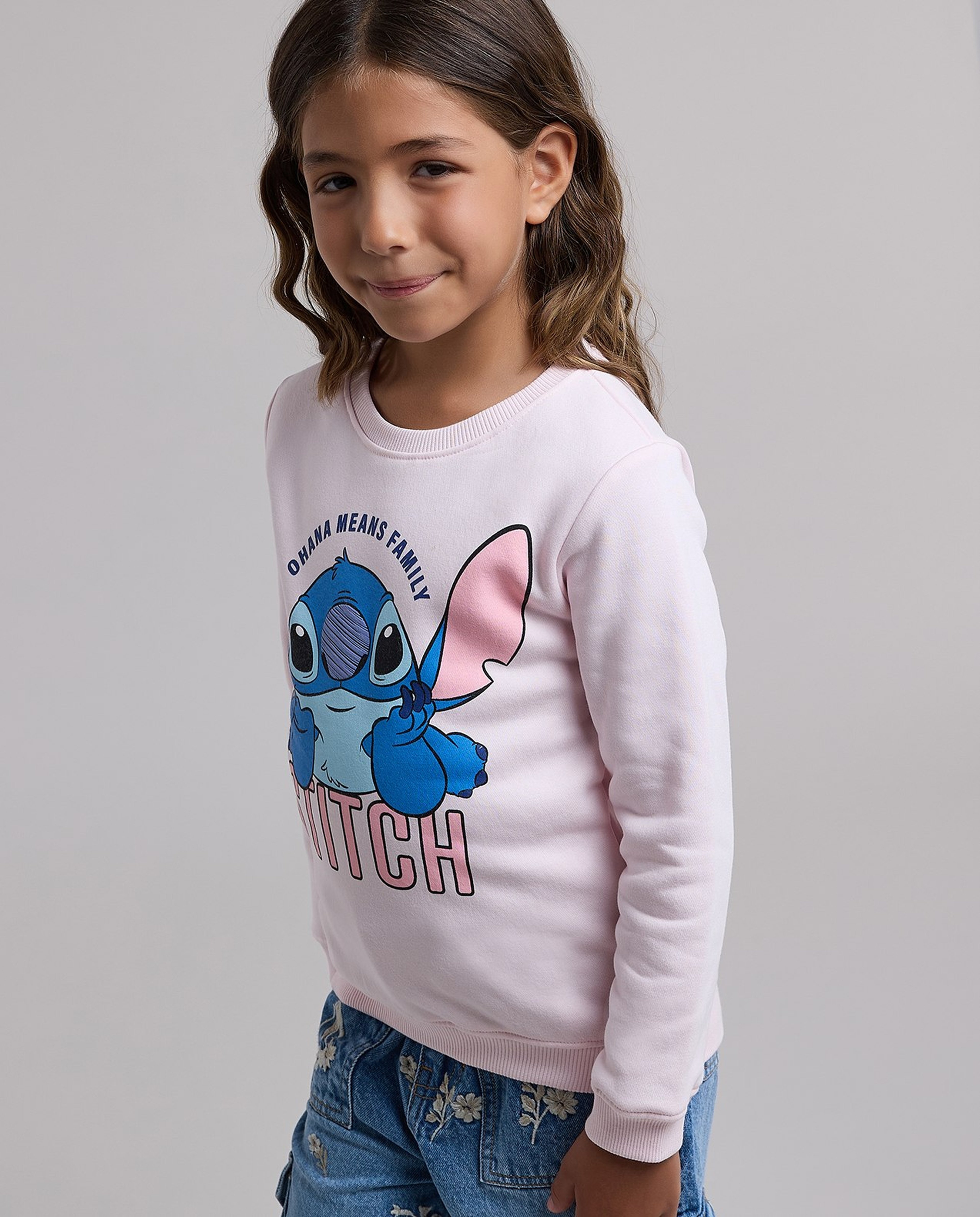 Stitch Print Sweatshirt with Crew Neck and Longs Sleeves