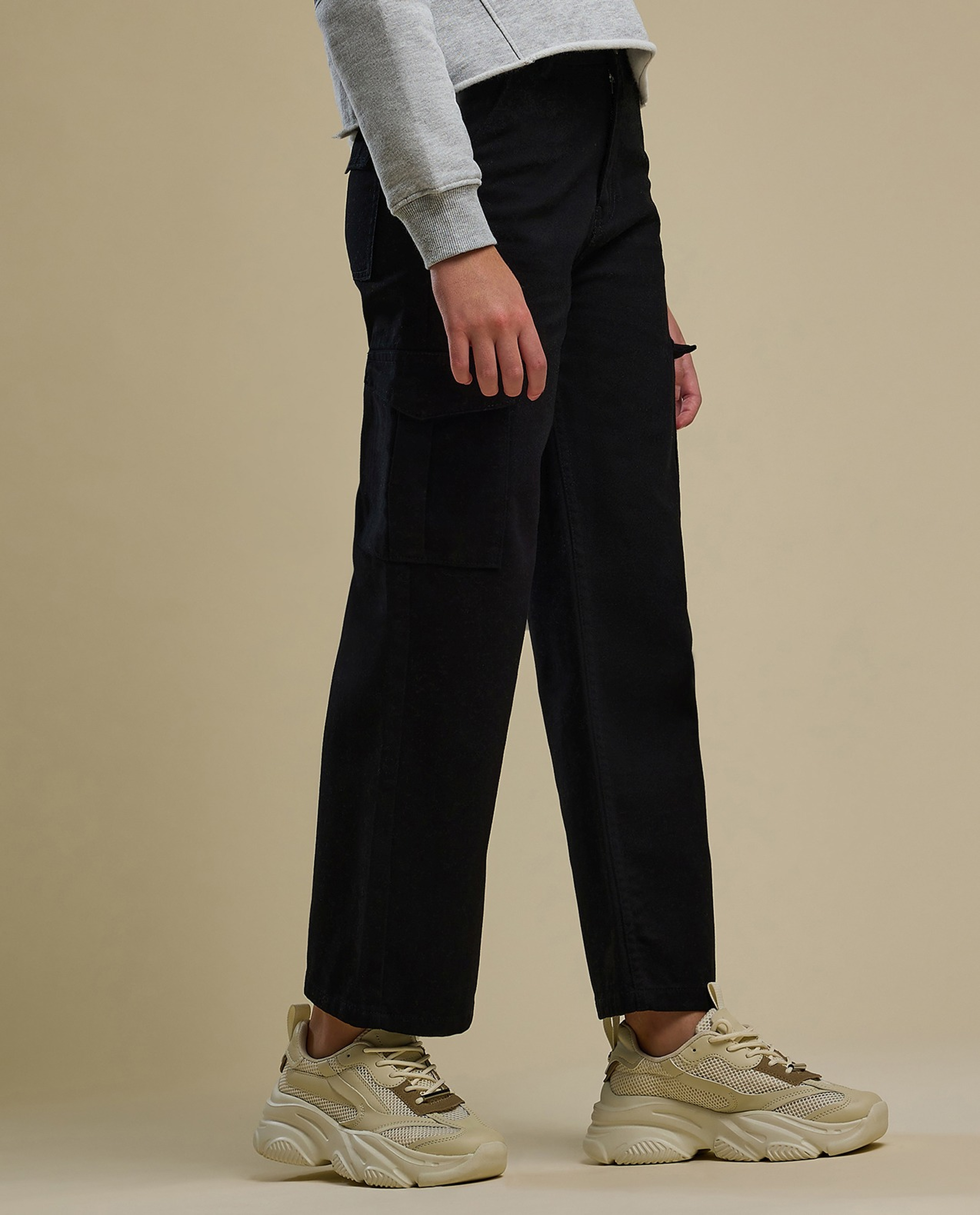 Solid Cargo Pants with Button Closure