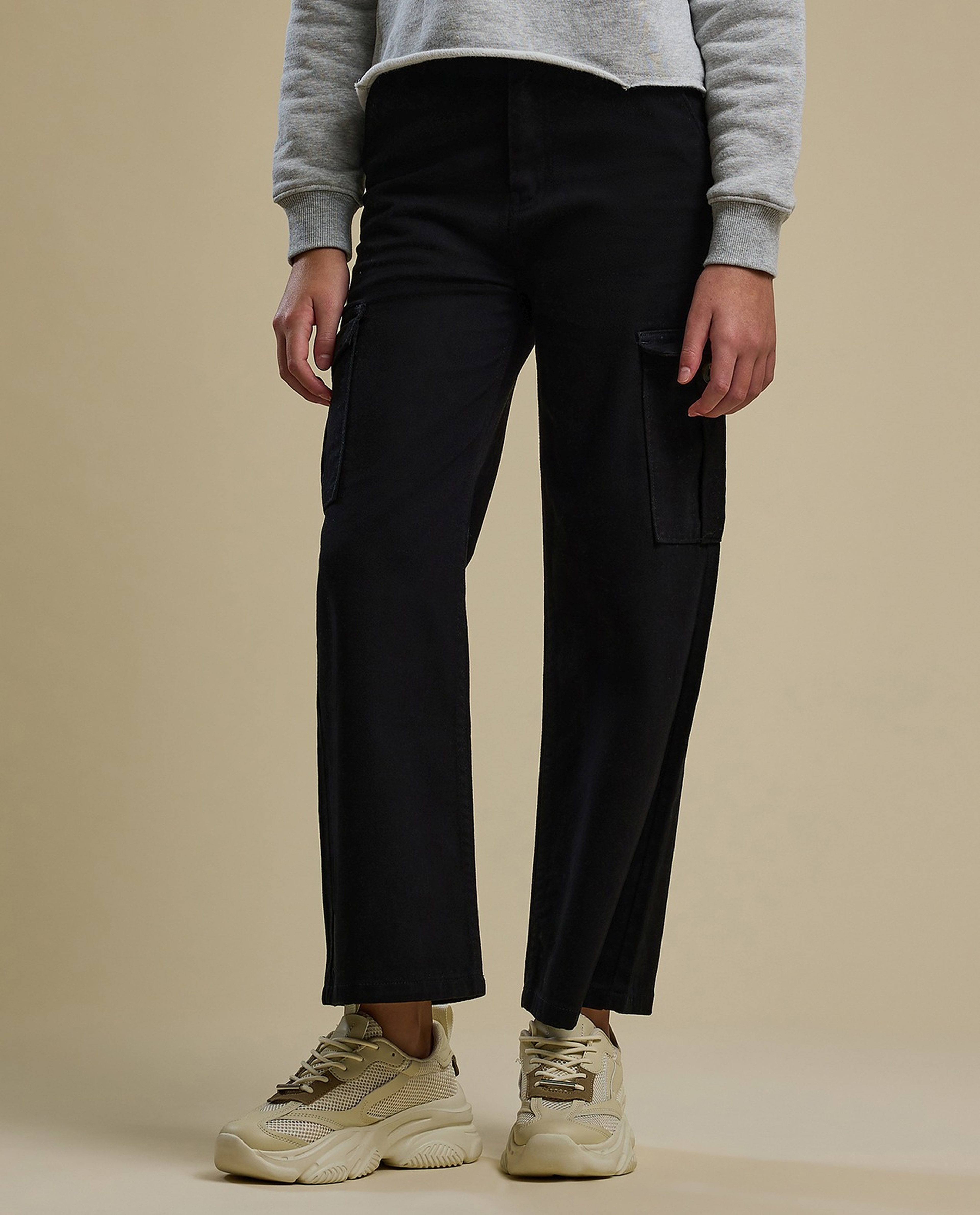 Solid Cargo Pants with Button Closure