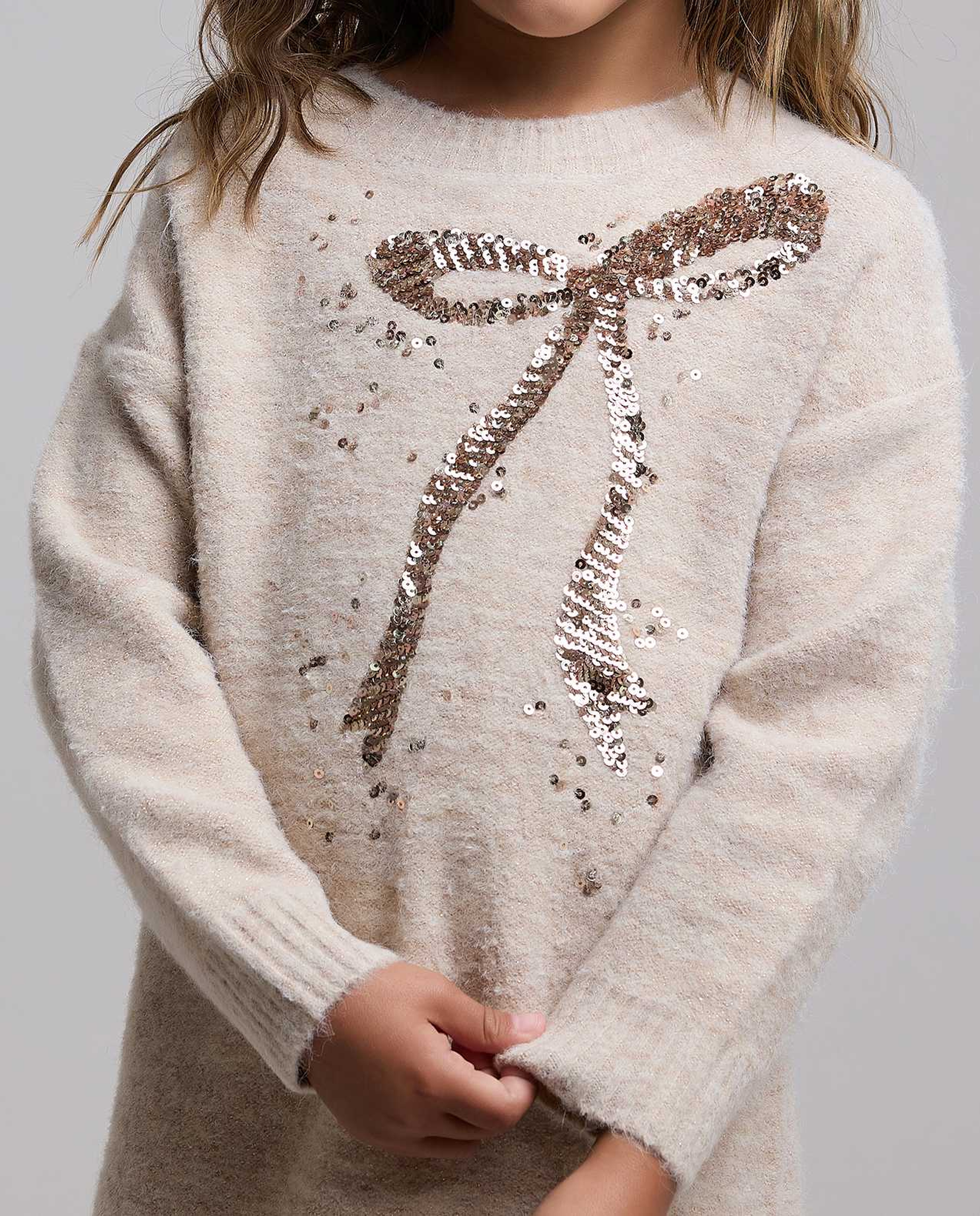 Sequined Sweater Dress with Crew Neck and Long Sleeves