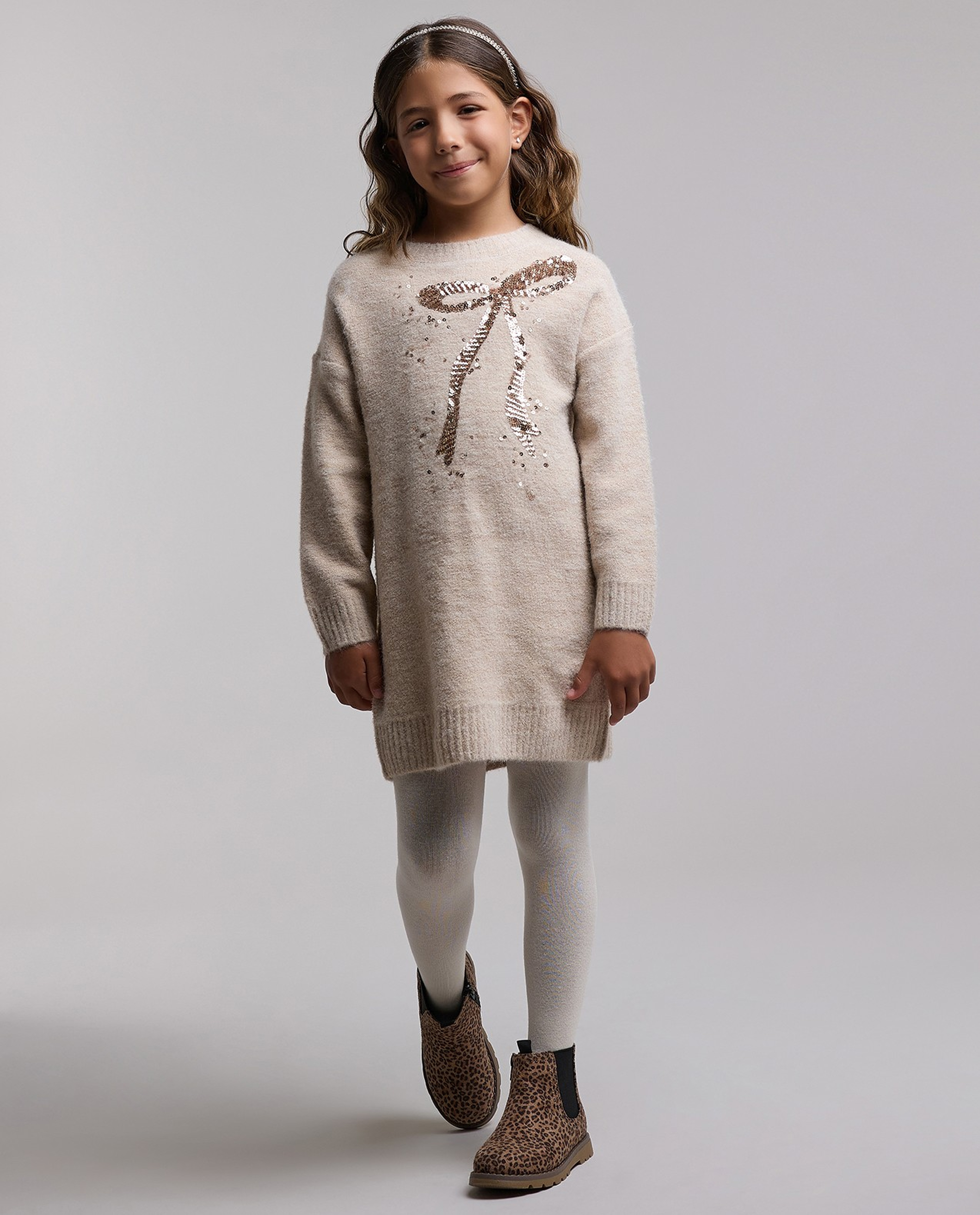 Sequined Sweater Dress with Crew Neck and Long Sleeves