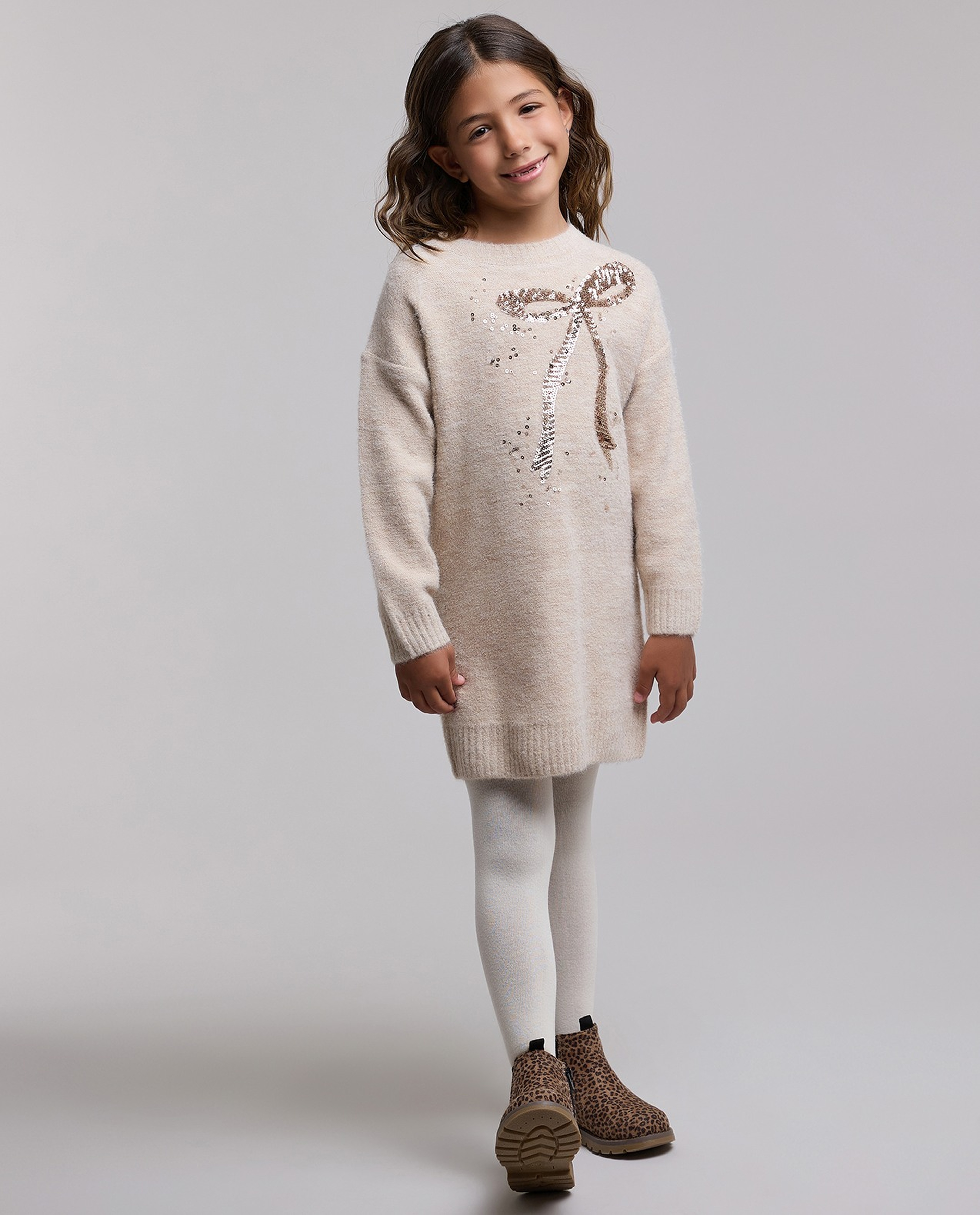 Sequined Sweater Dress with Crew Neck and Long Sleeves