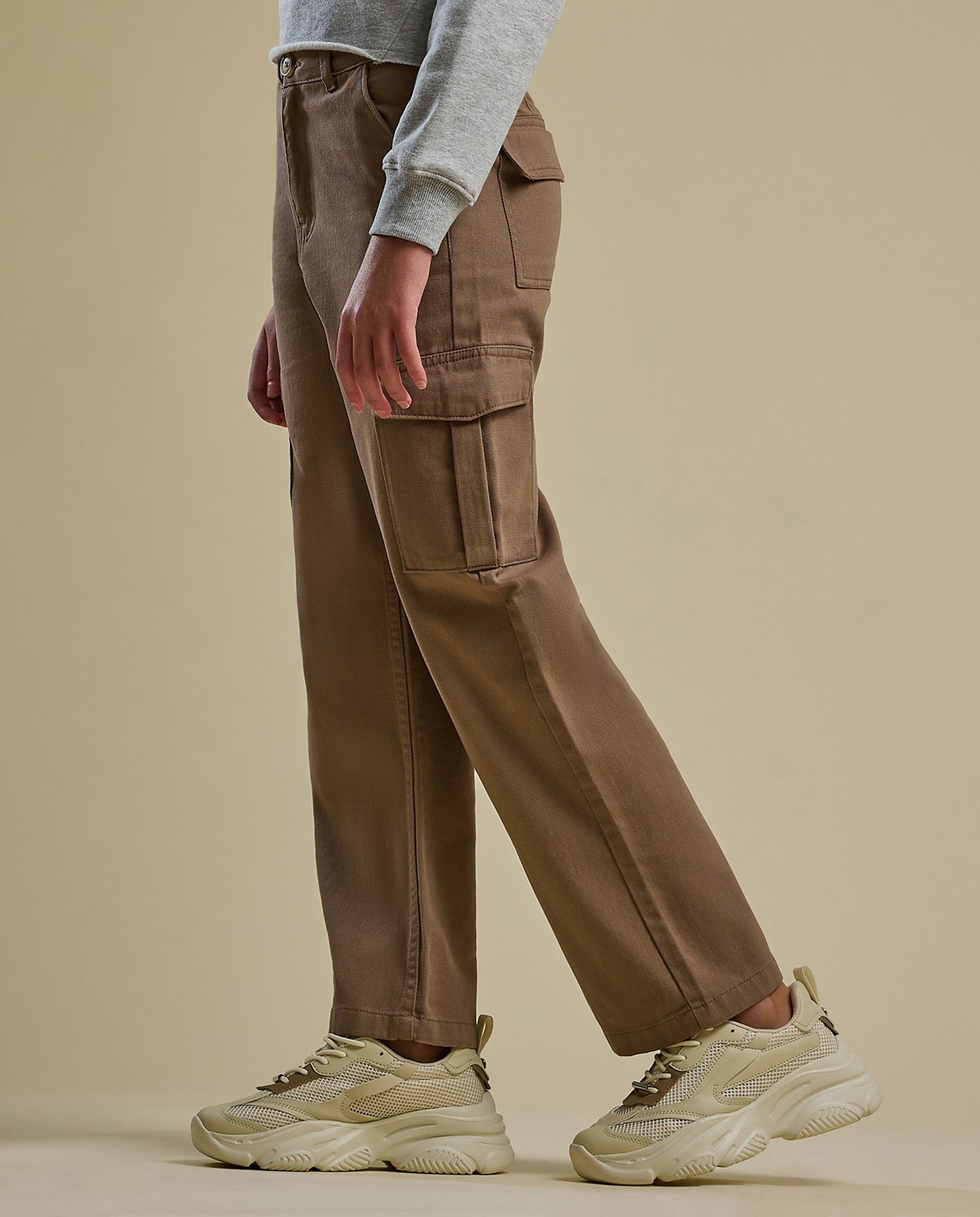 Solid Cargo Pants with Button Closure