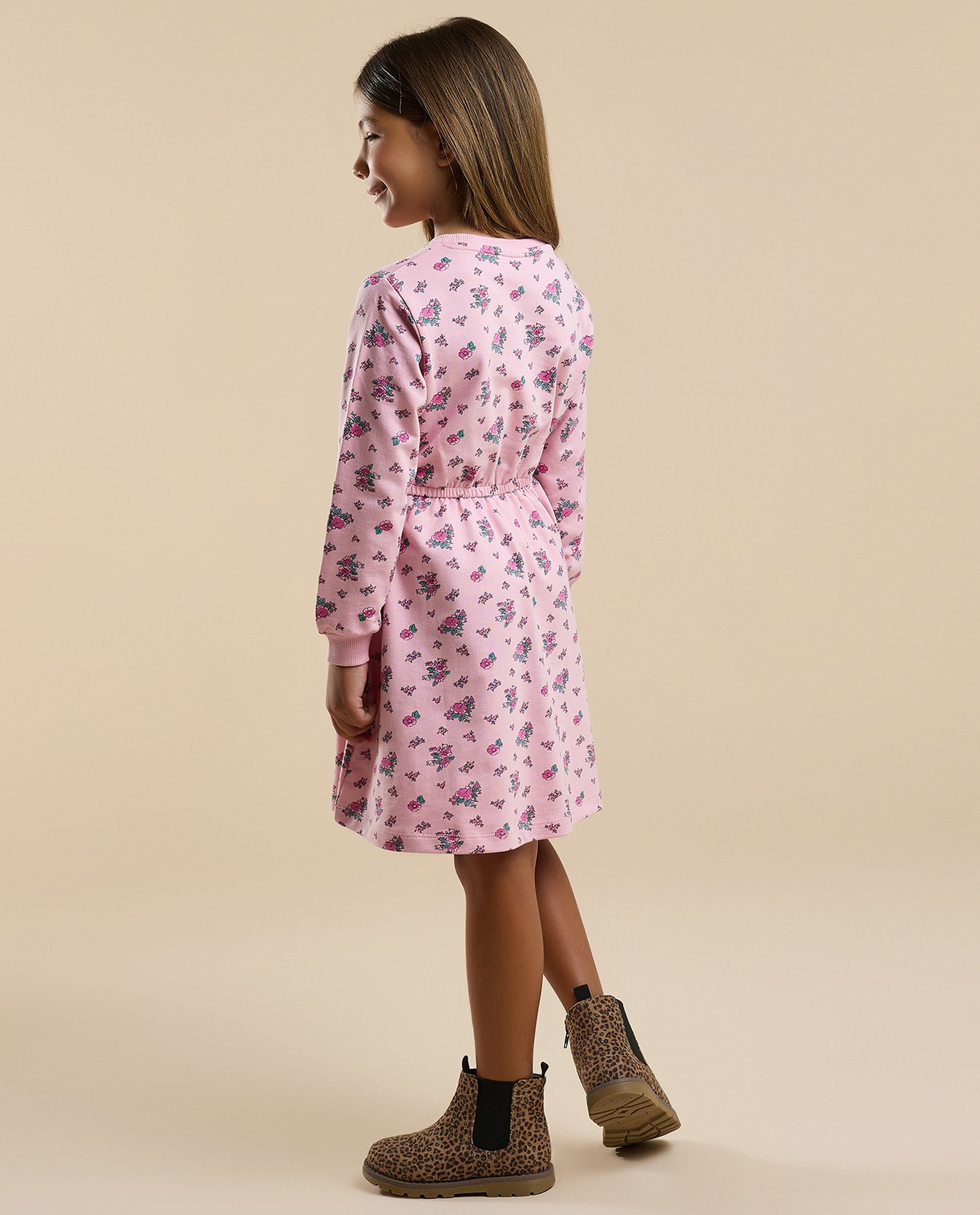 Printed Knit Dress with Crew Neck and Long Sleeves