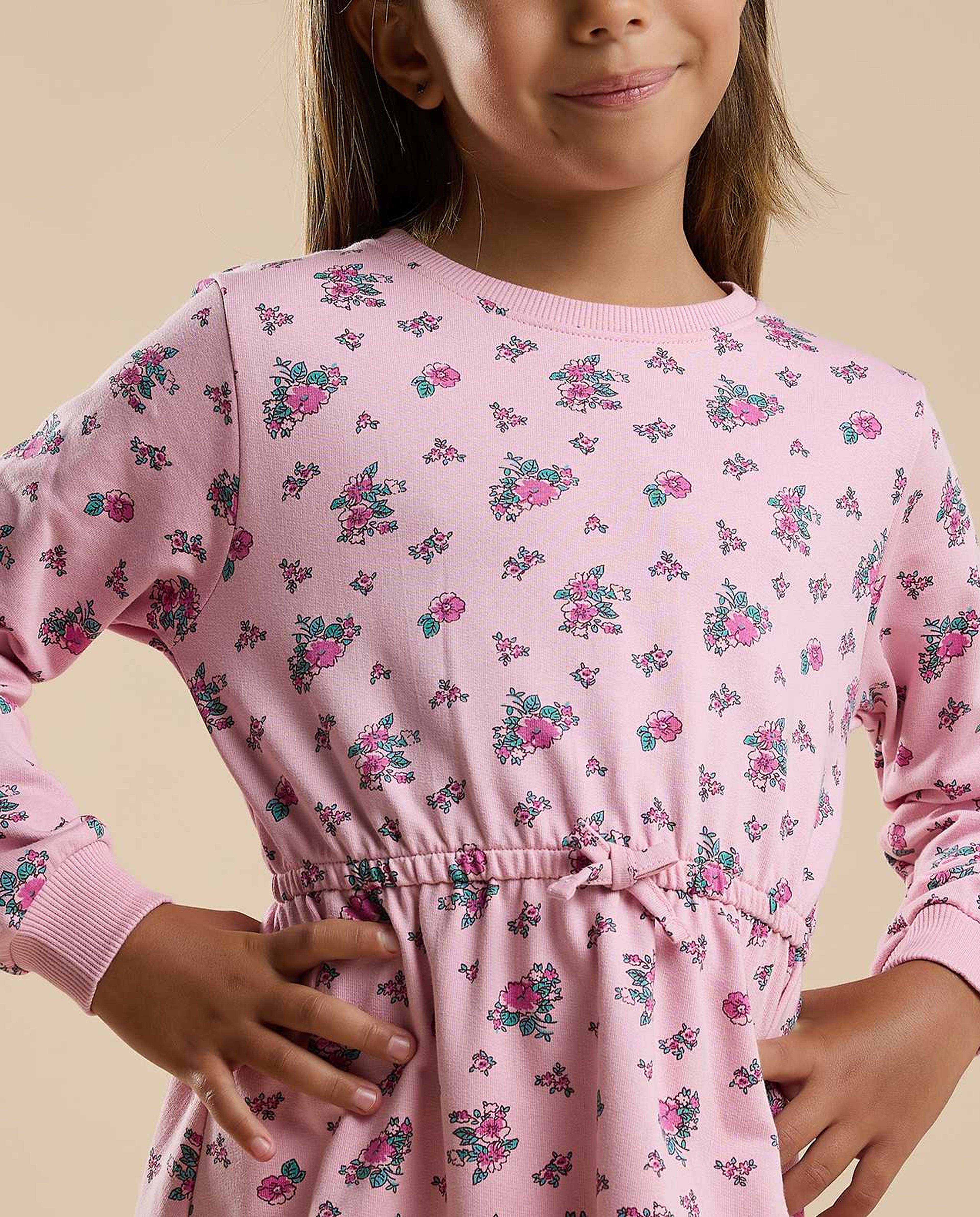 Printed Knit Dress with Crew Neck and Long Sleeves