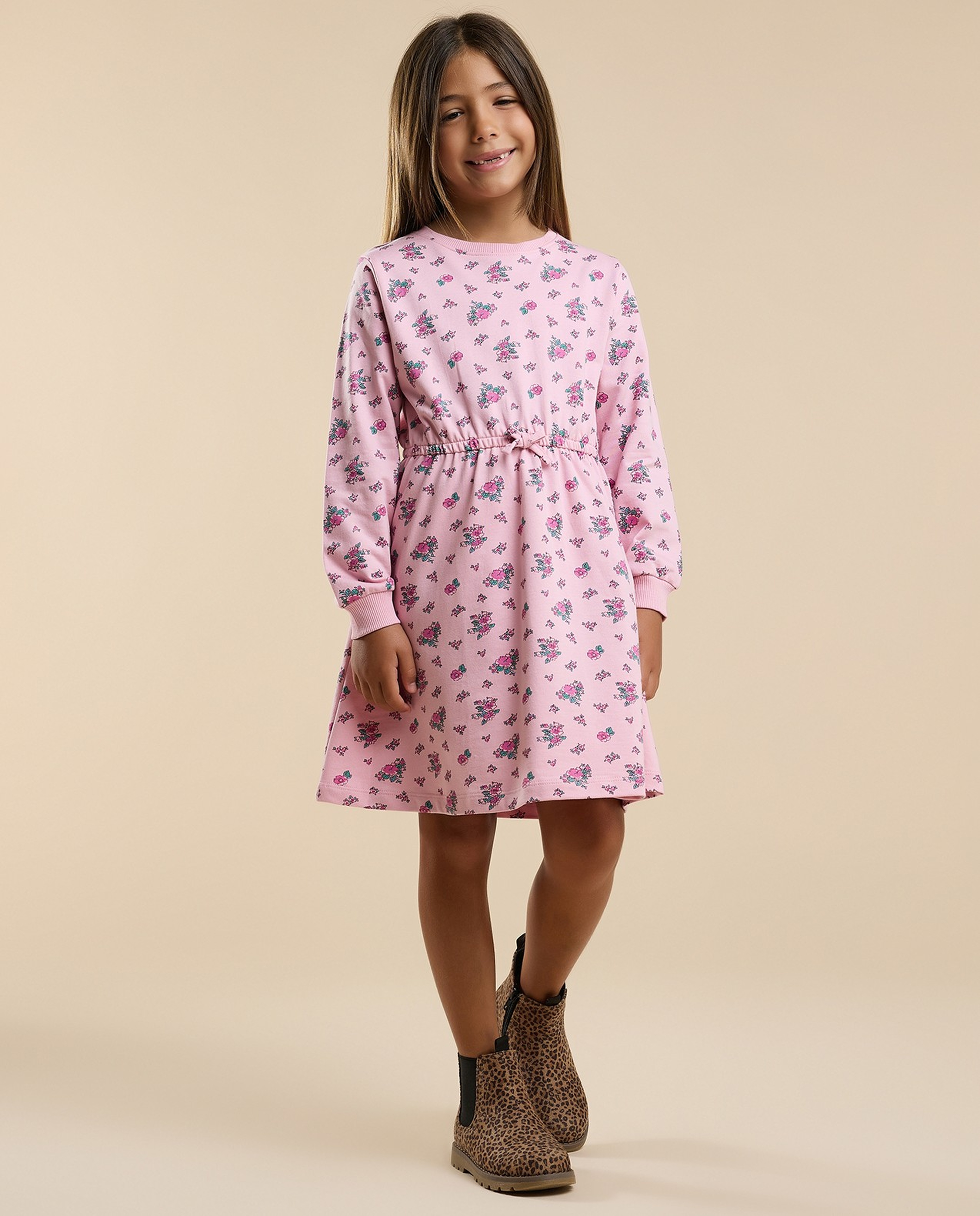 Printed Knit Dress with Crew Neck and Long Sleeves