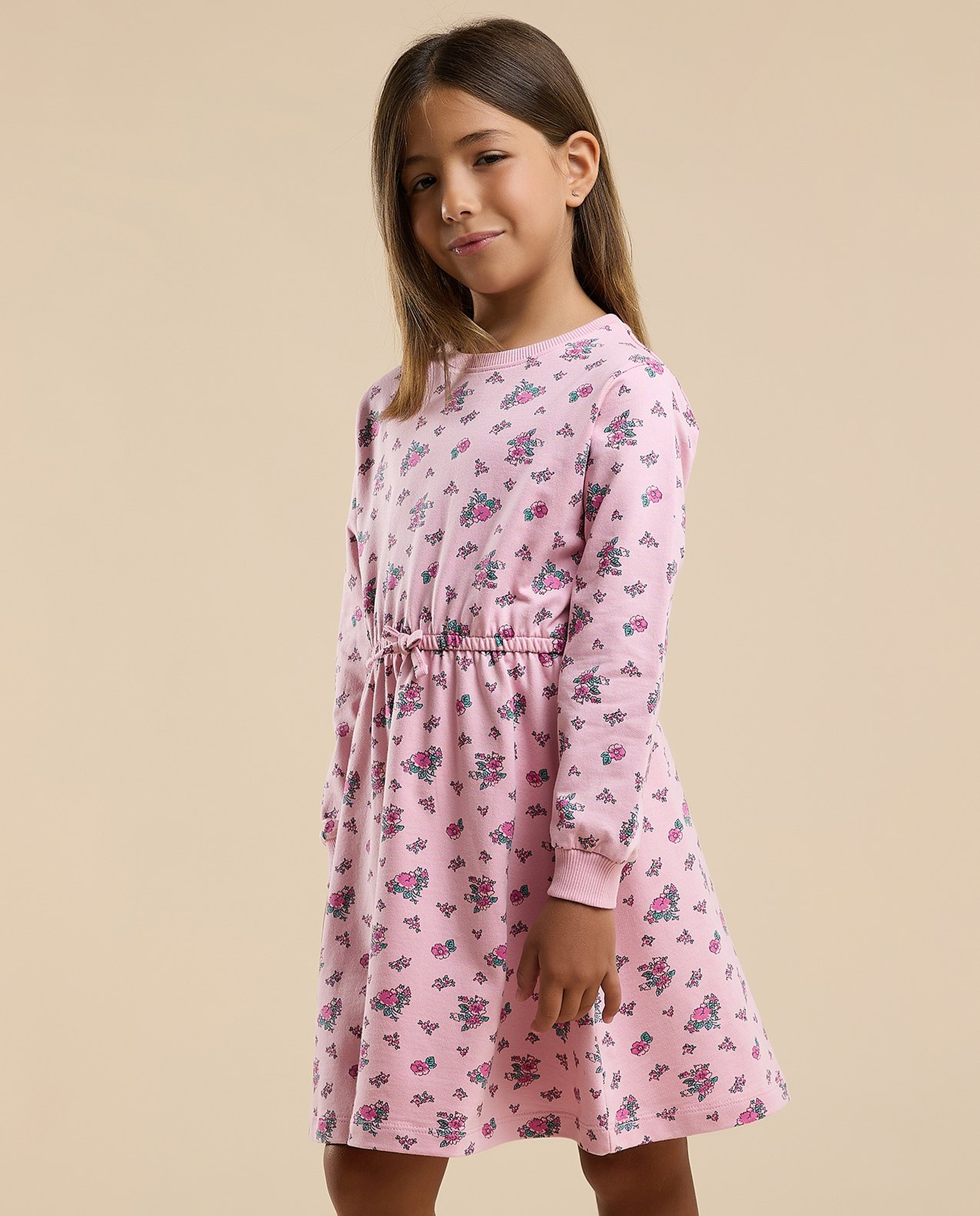 Printed Knit Dress with Crew Neck and Long Sleeves