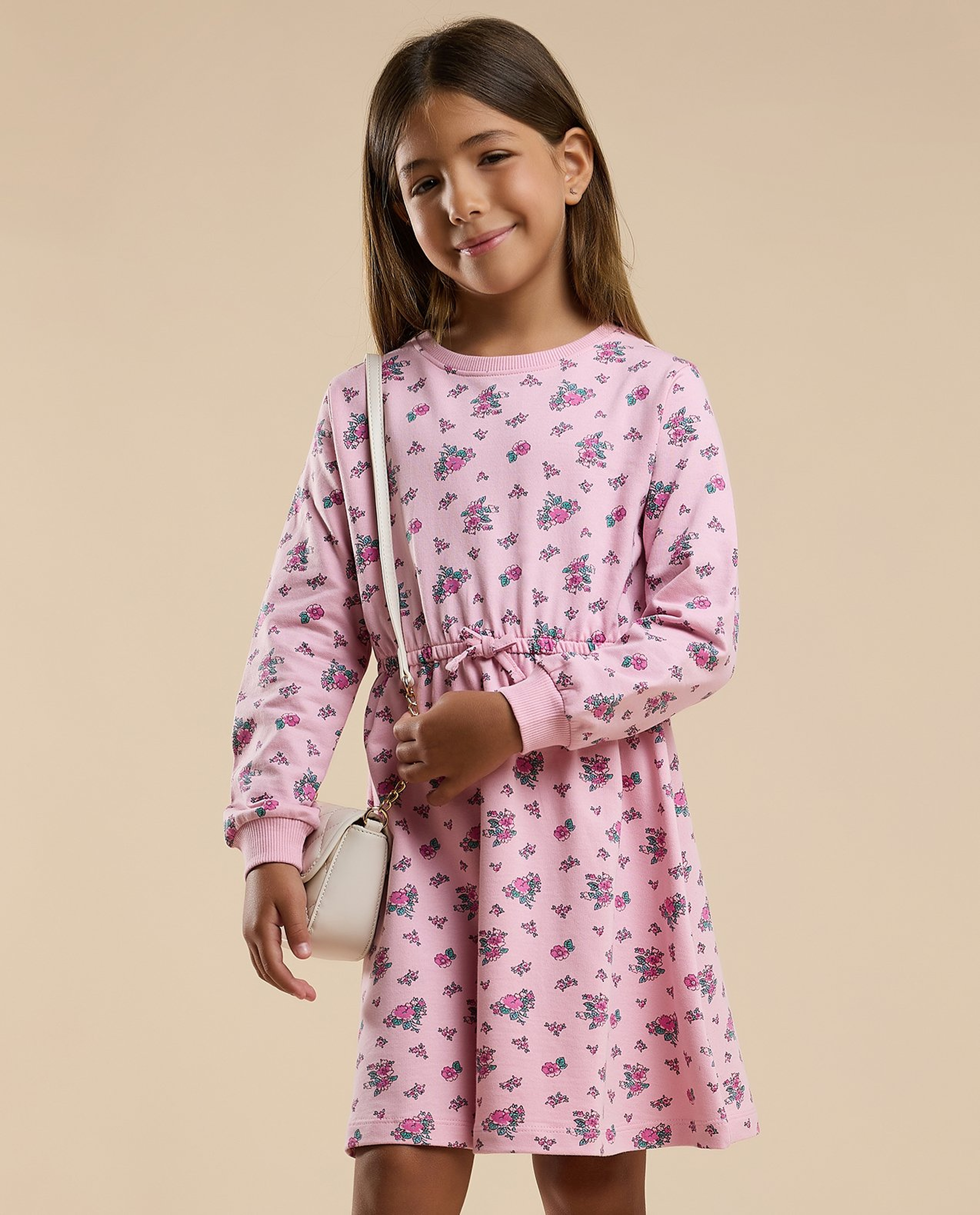 Printed Knit Dress with Crew Neck and Long Sleeves