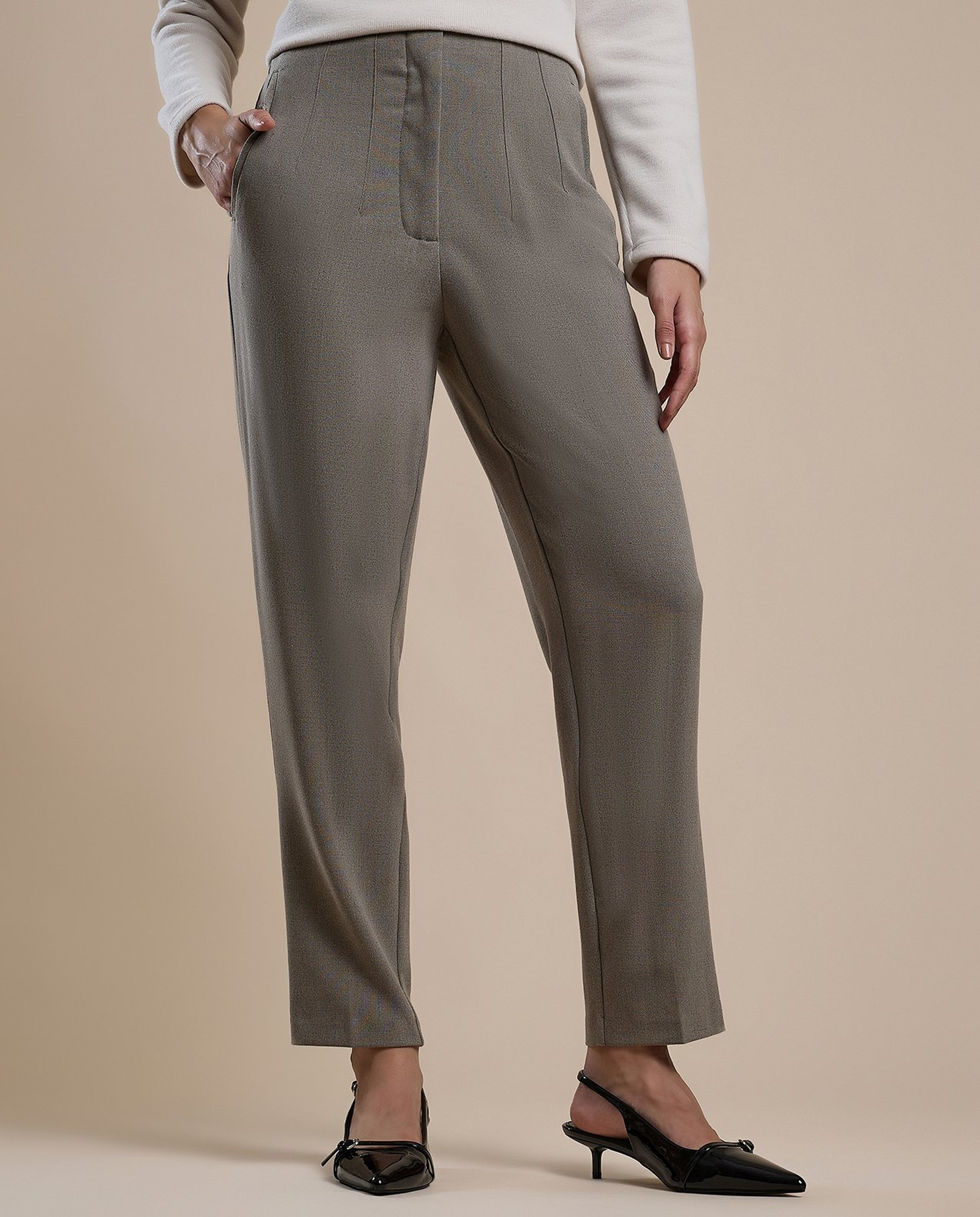 Solid Straight Fit Trousers with Button Closure
