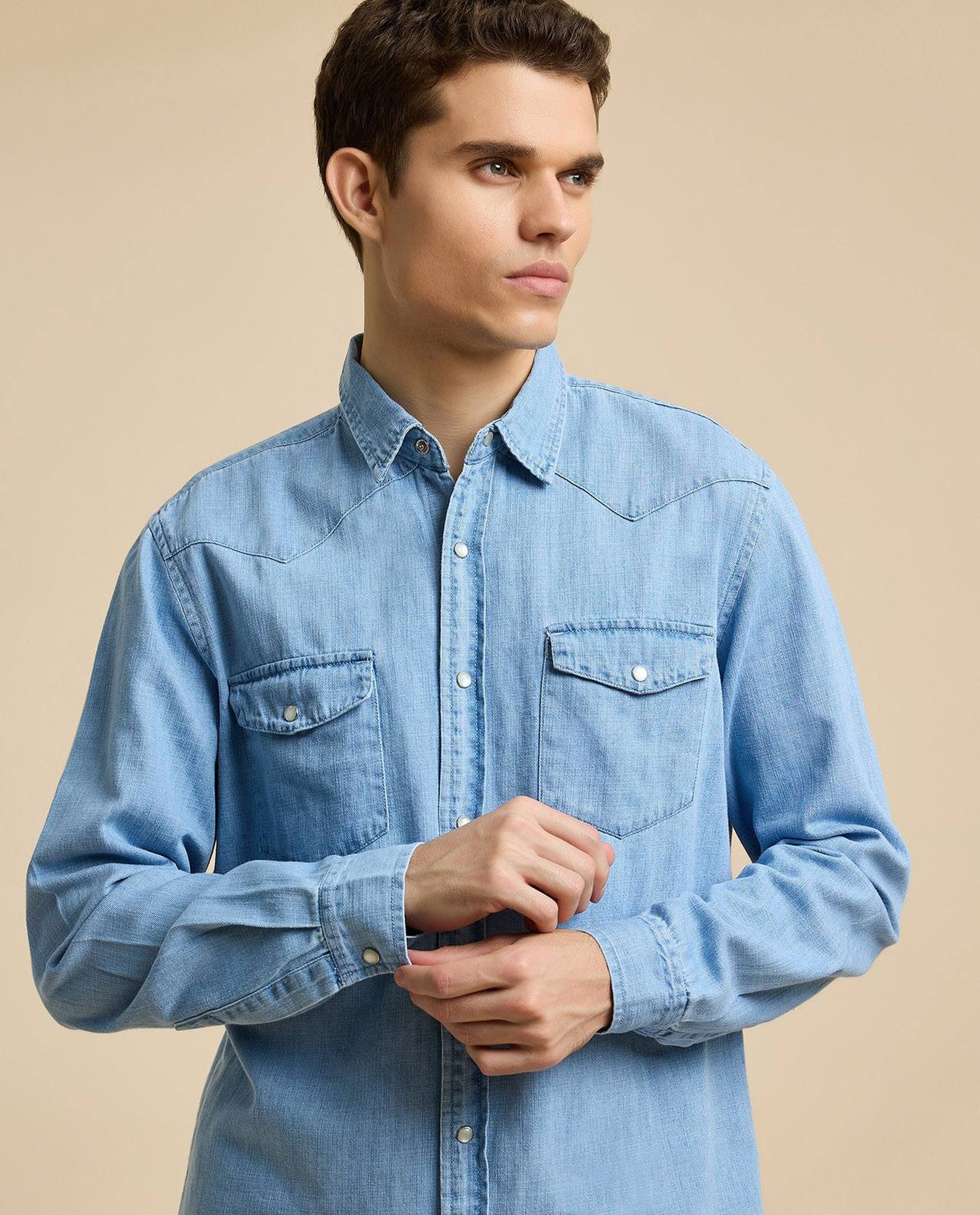 Faded Denim Shirt with Classic Collar and Long Sleeves
