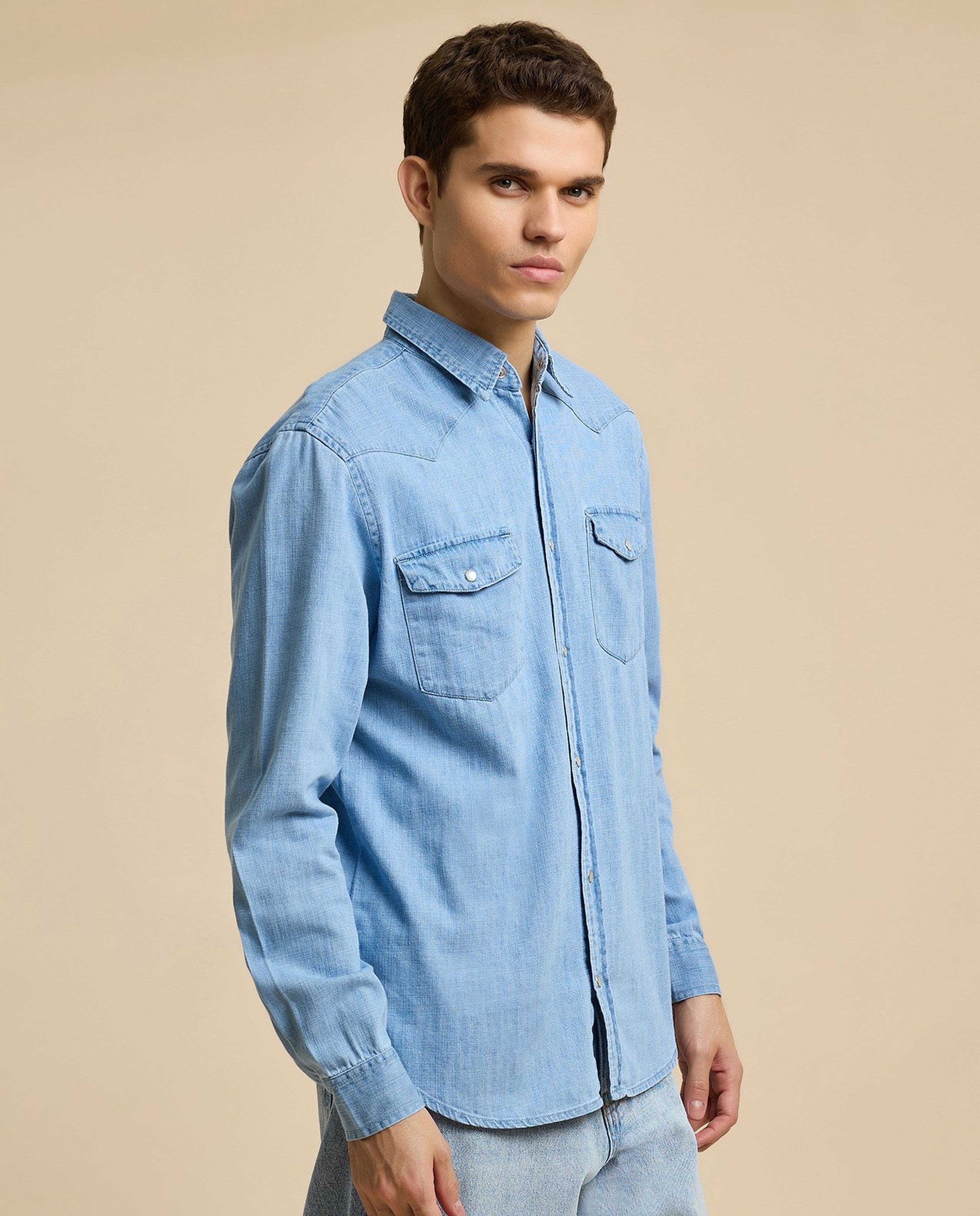 Faded Denim Shirt with Classic Collar and Long Sleeves