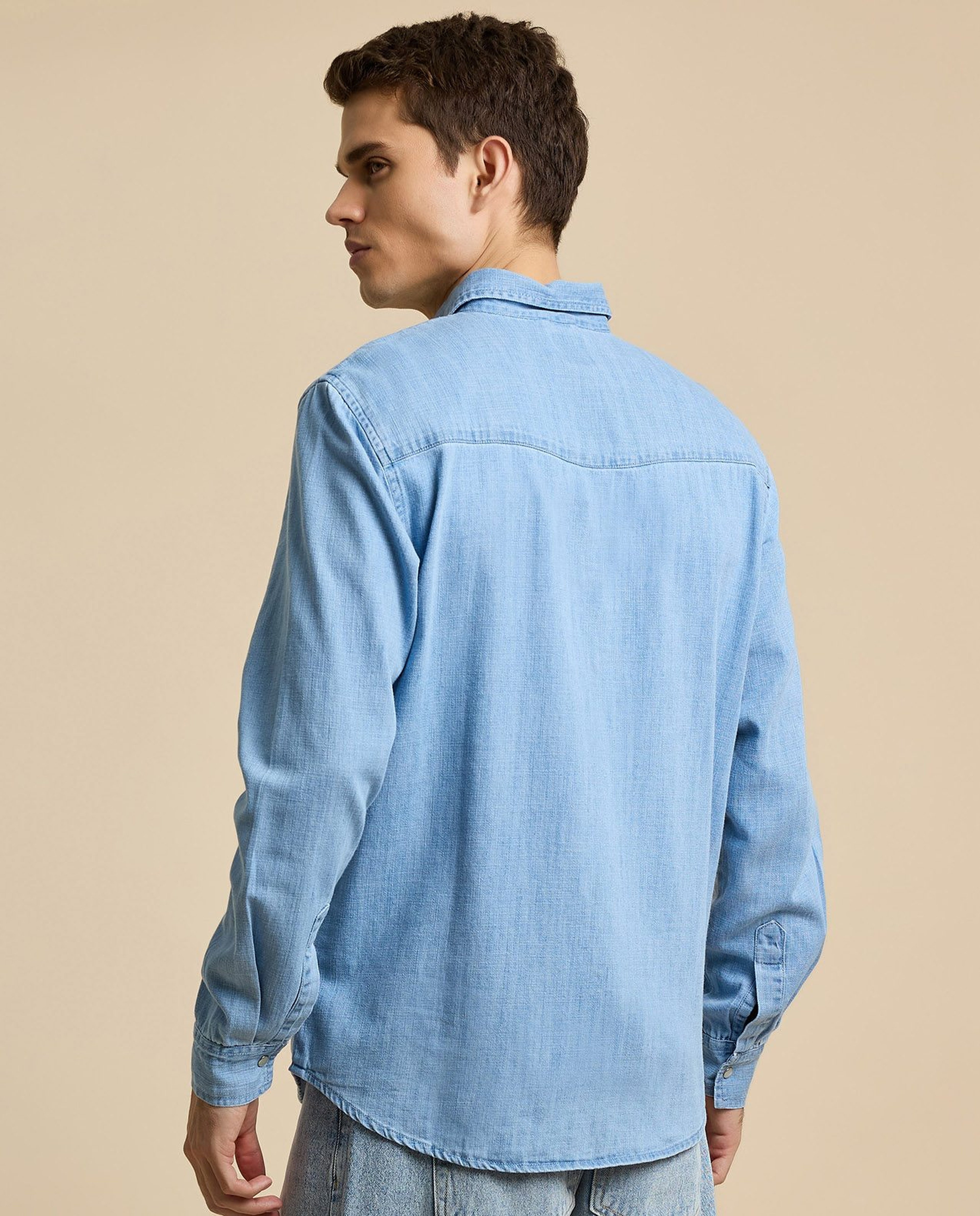 Faded Denim Shirt with Classic Collar and Long Sleeves