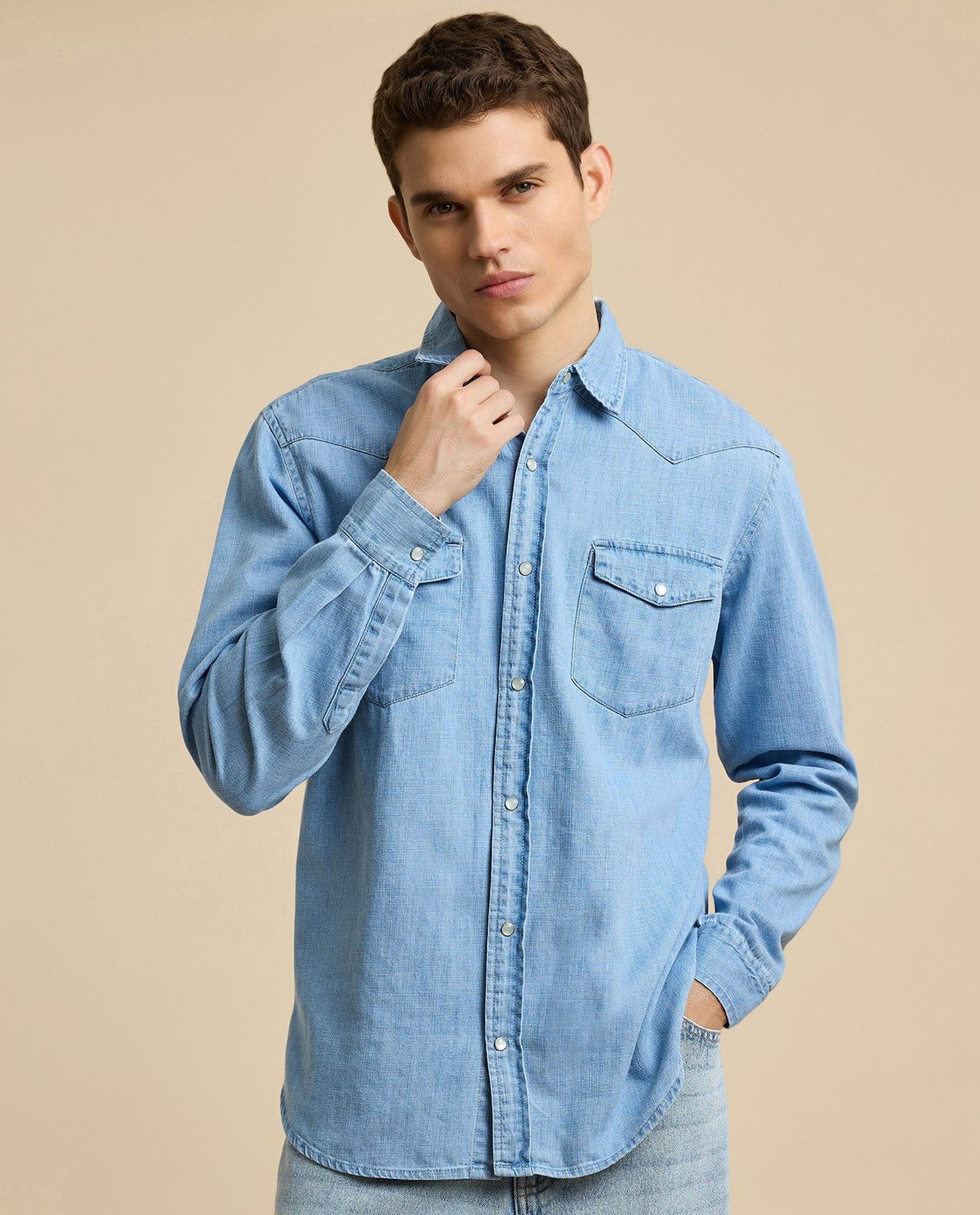 Faded Denim Shirt with Classic Collar and Long Sleeves