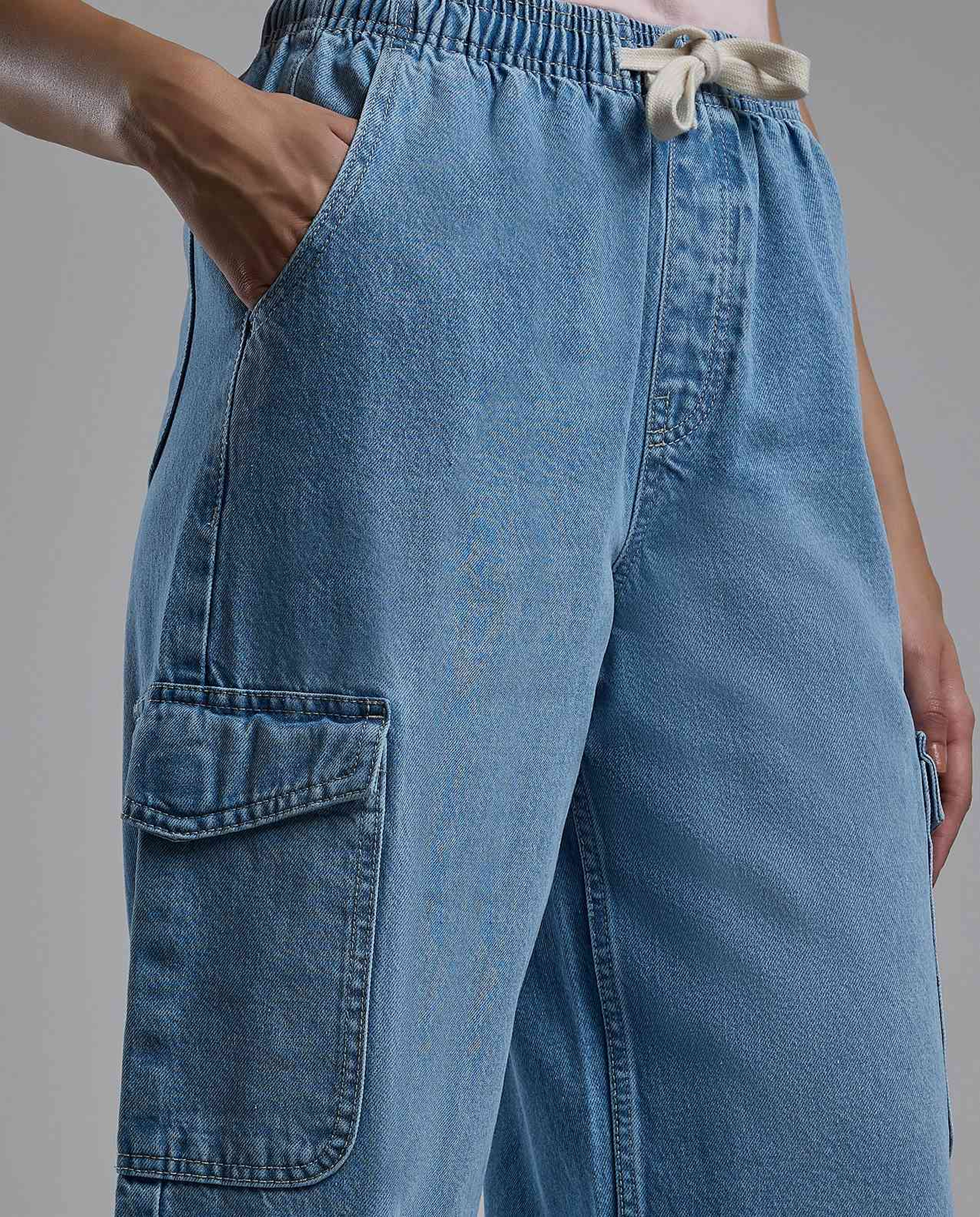 Washed Cargo Jeans with Drawstring Waist