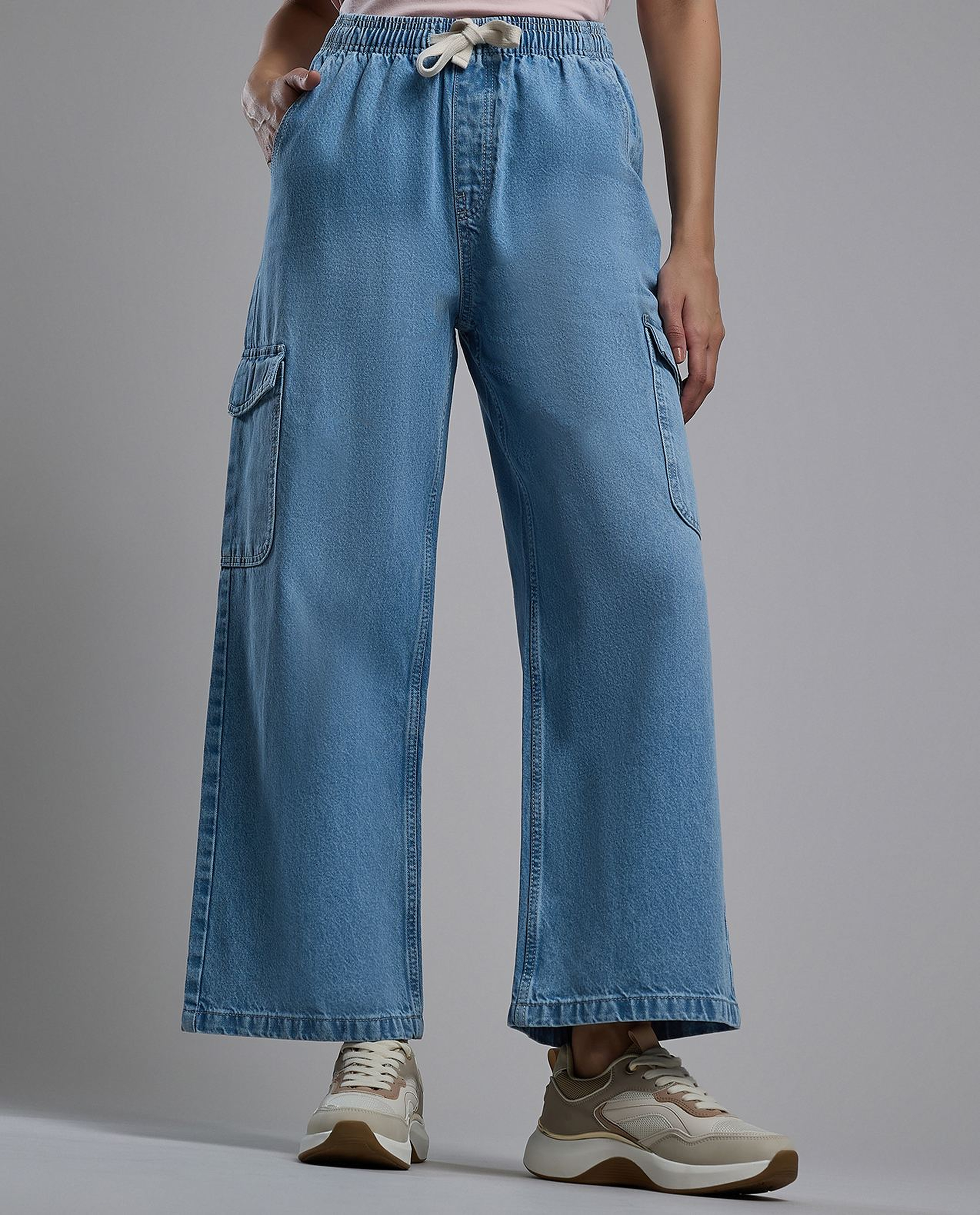 Washed Cargo Jeans with Drawstring Waist