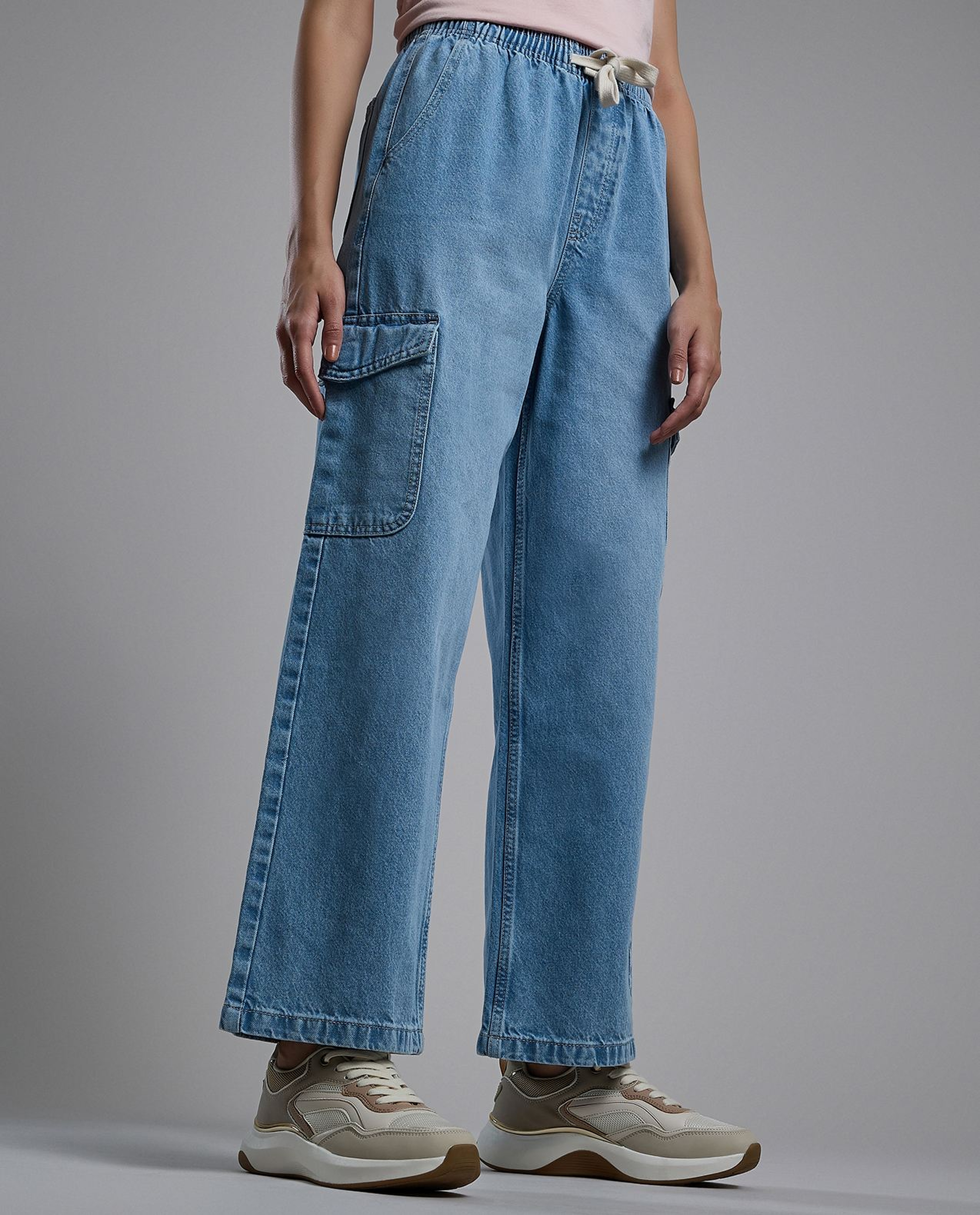 Washed Cargo Jeans with Drawstring Waist