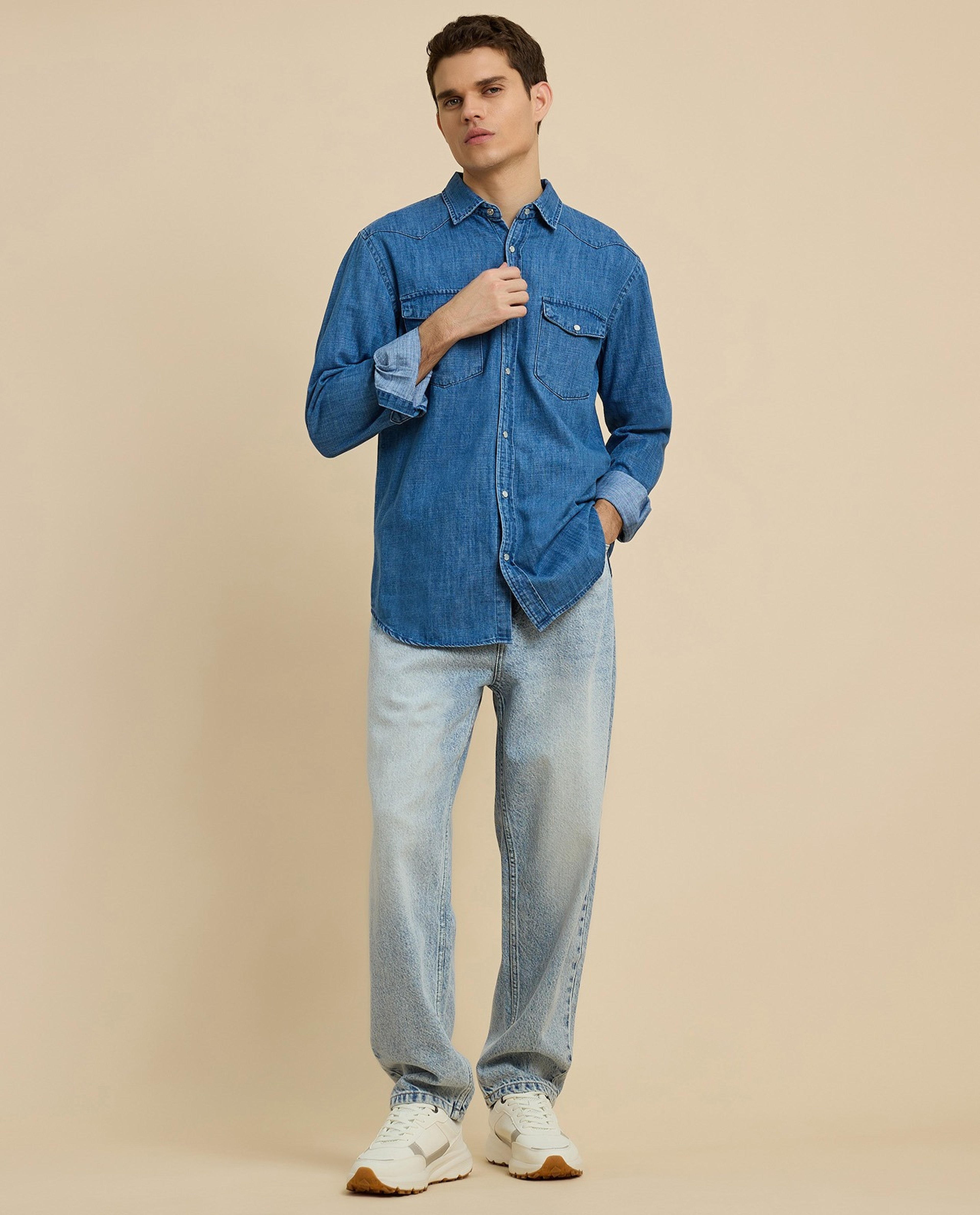 Washed Denim Shirt with Classic Collar and Long Sleeves