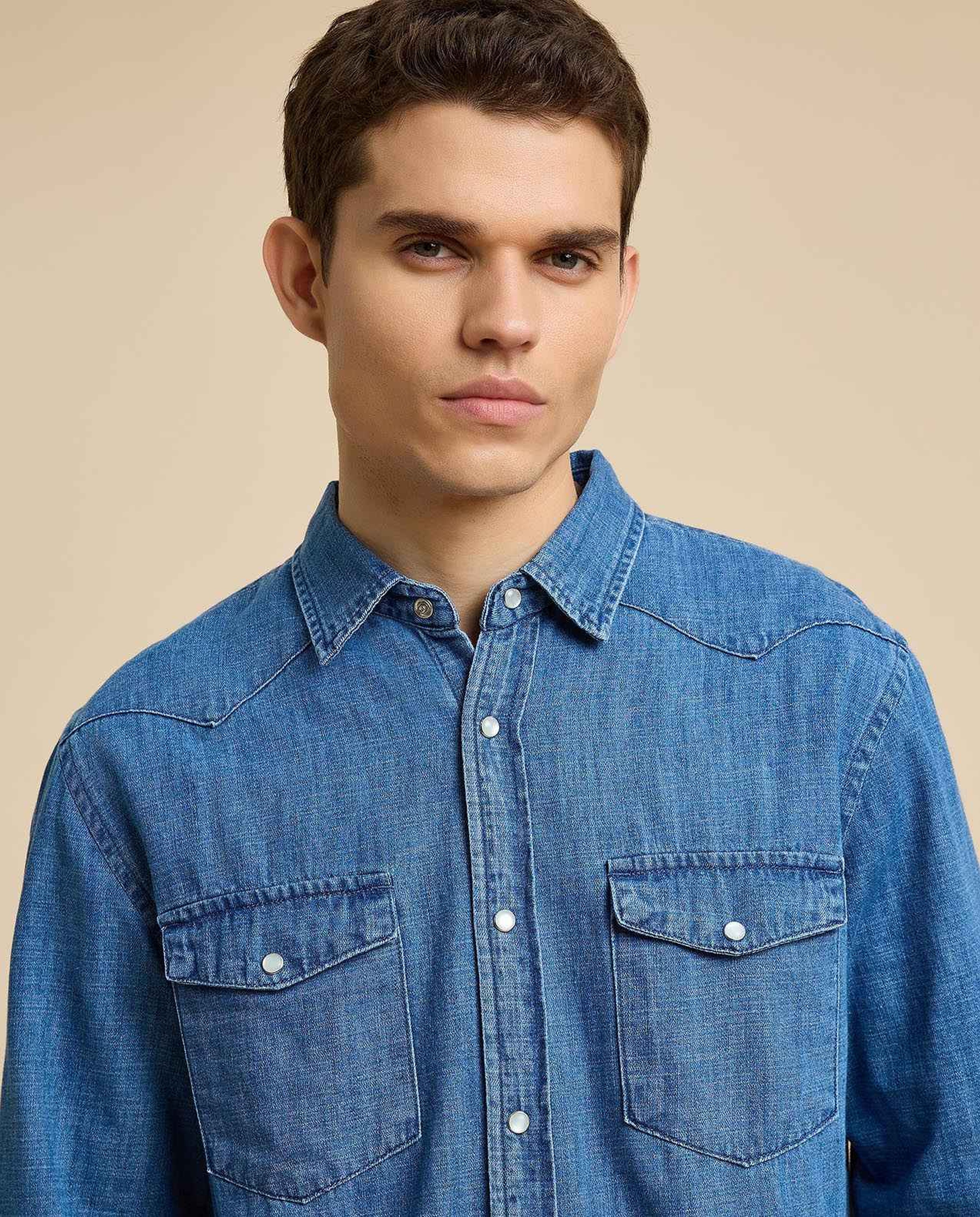 Washed Denim Shirt with Classic Collar and Long Sleeves