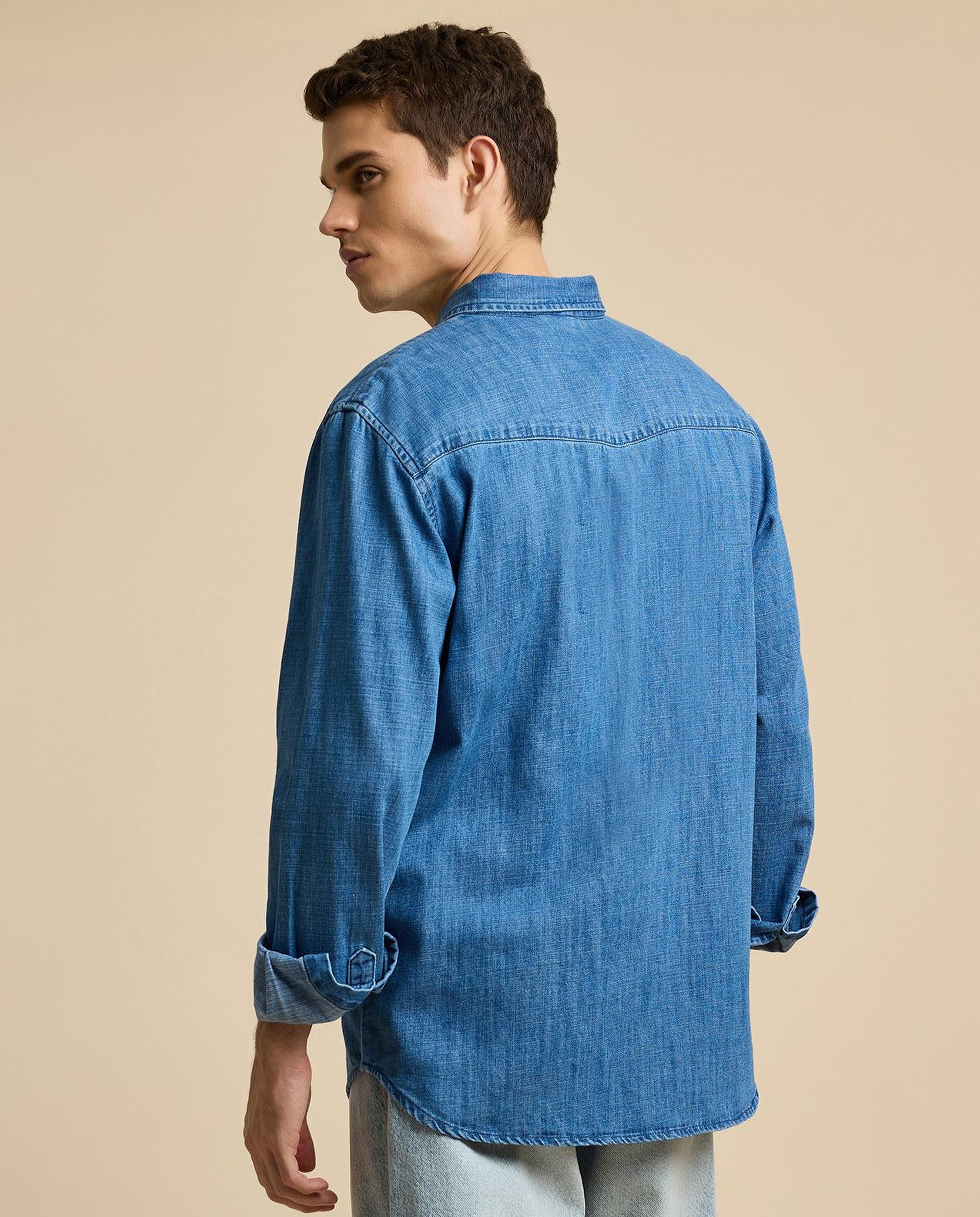 Washed Denim Shirt with Classic Collar and Long Sleeves